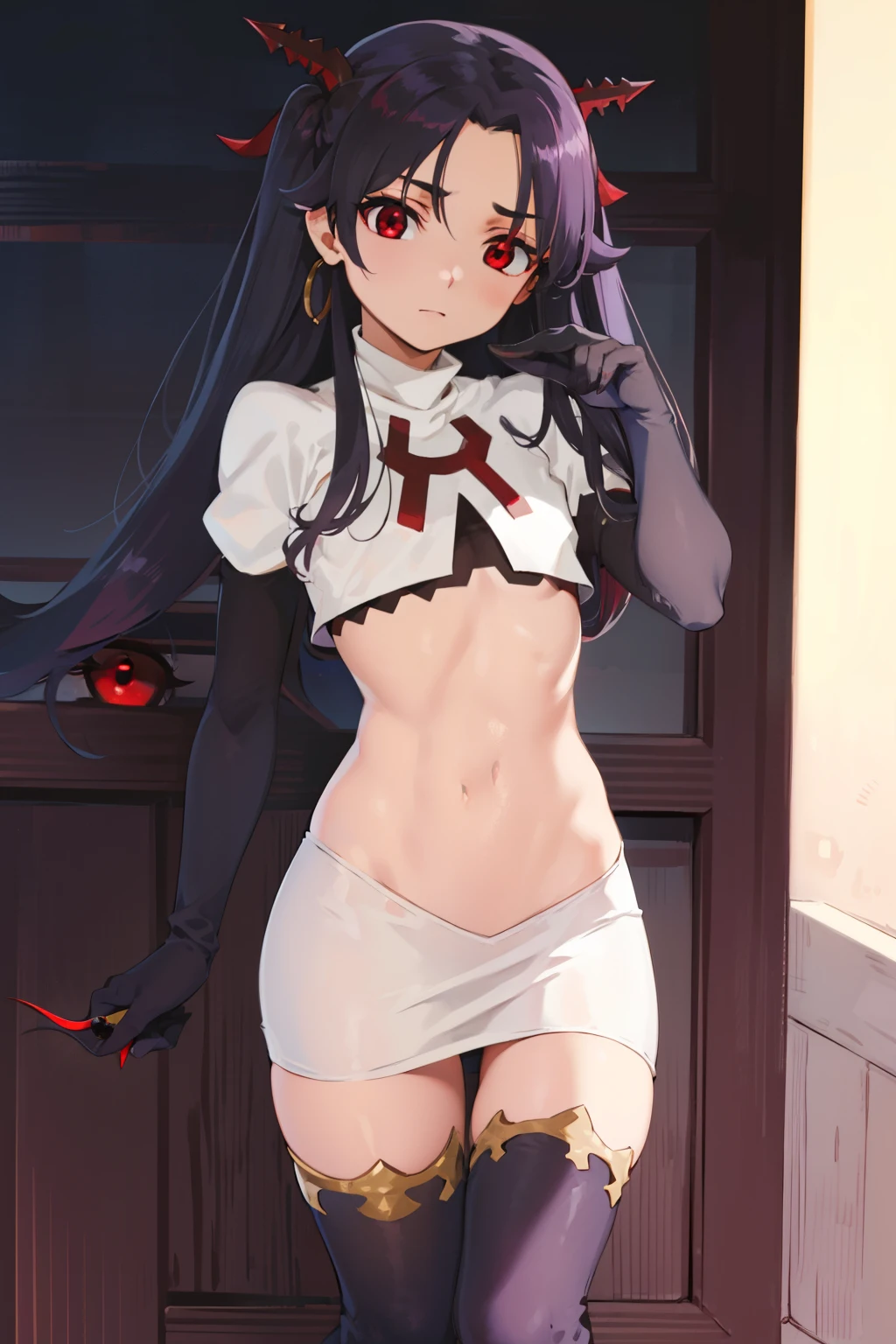 ishtar, ishtar yd, ahoge, black bow, bow, black hair, earrings, hair bow, hair ornament, jewelry, long hair, (red eyes:1.5), (parted bangs:1.5), (small breast:1.2),
BREAK team rocket,team rocket uniform,white skirt,red letter R,crop top,black thigh-highs,black elbow gloves
BREAK looking at viewer, cowboy shot,
BREAK (masterpiece:1.2), best quality, high resolution, unity 8k wallpaper, (illustration:0.8), (beautiful detailed eyes:1.6), extremely detailed face, perfect lighting, extremely detailed CG, (perfect hands, perfect anatomy),