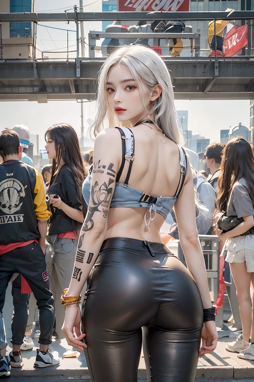 lifelike, high resolution, 1 female, alone, Buttocks up, look at the audience, (Detailed face), white hair, long hair, streetwear, jewelry, belly tattoo