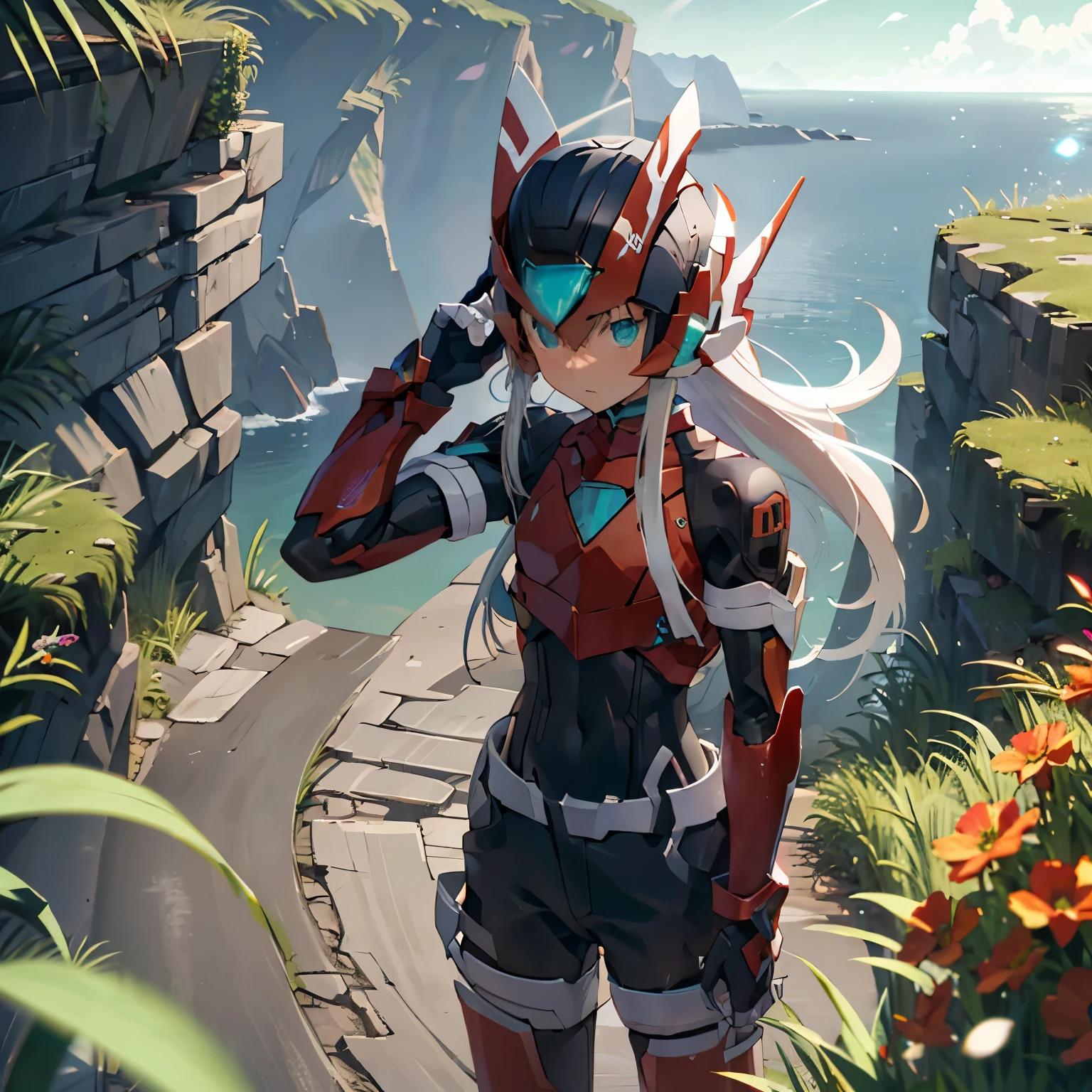 megzeromyth2023,1boy, long white hair, red armor, green energy sword, 8k, uhd, best quality, masterpiece, intricate, overlooking the ocean on the edge of a rock, in the style of avian-themed, realistic yet stylized, villagecore, azure, orange and azure, dragoncore, aerial view