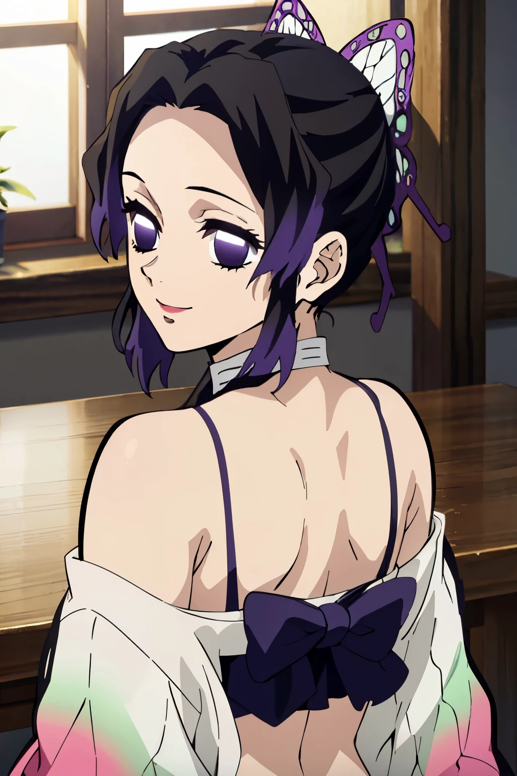 EFT_Shinobu, 1girl, kochou shinobu, butterfly hair ornament, solo, hair ornament, purple hair, multicolored hair, purple eyes, black hair, medium breast, (bikini), seductive smile, looking at viewer, blurry background, indoors, upper body, ((masterpiece)), best quality, high detailed illustration, high detailed background, hi-res