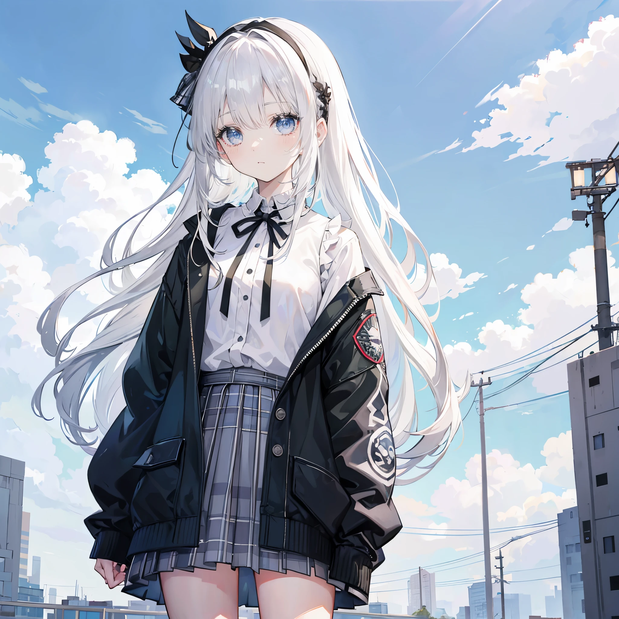 white hair,gray eyes,long hair,Bangs,green hairband,cute, Jk,Plaid skirt,The background is blue sky and white clouds