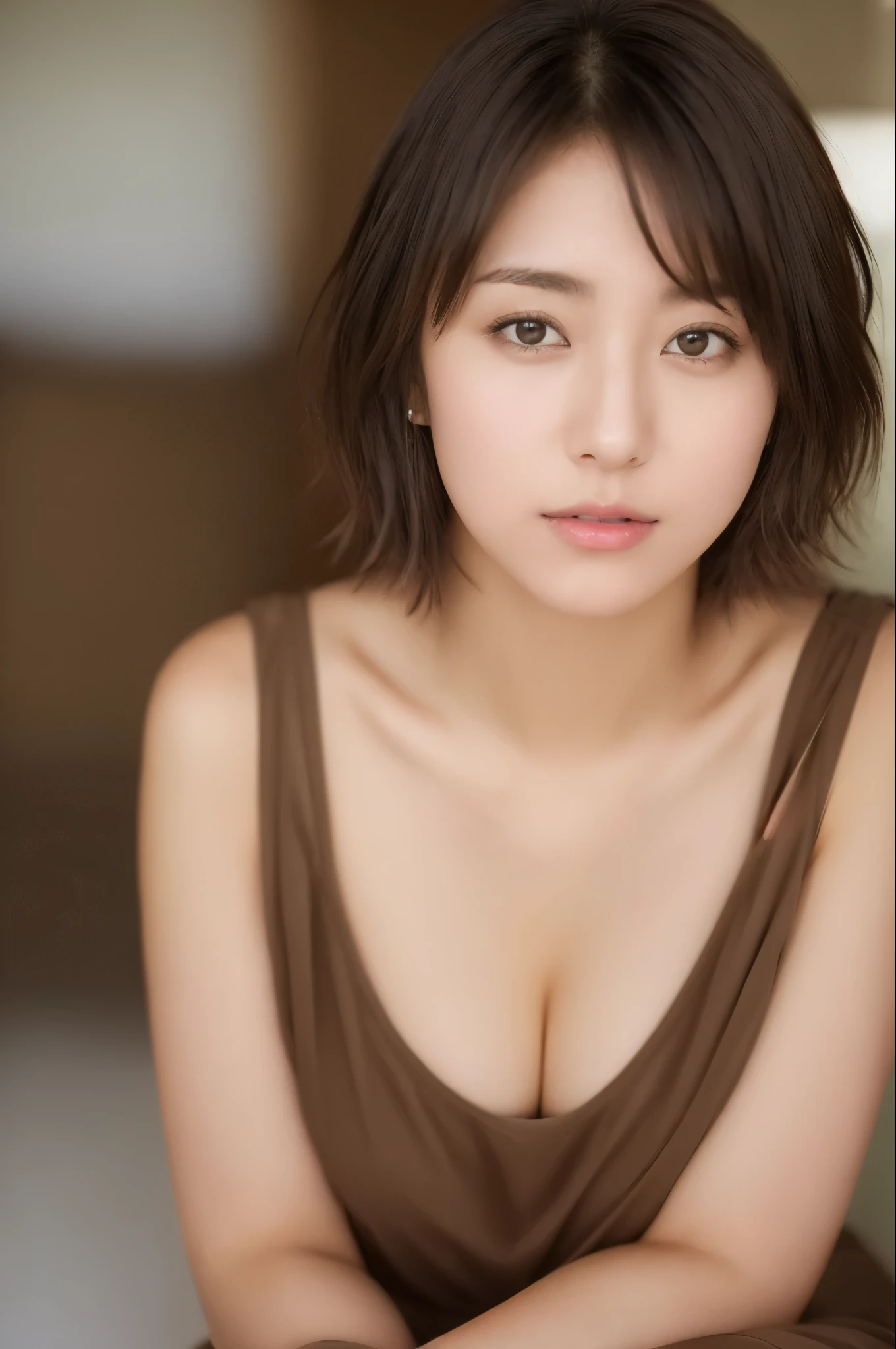 future、 ((highest quality)), Gravure idol, clear outline, Beautiful woman, (((1girl,solo))), ((beautiful brown eyes)), Detailed details,Focus on the eyes、Curvaceous、A type very short hair、Decisive pose、underwear、、anatomically correct body,thin waist