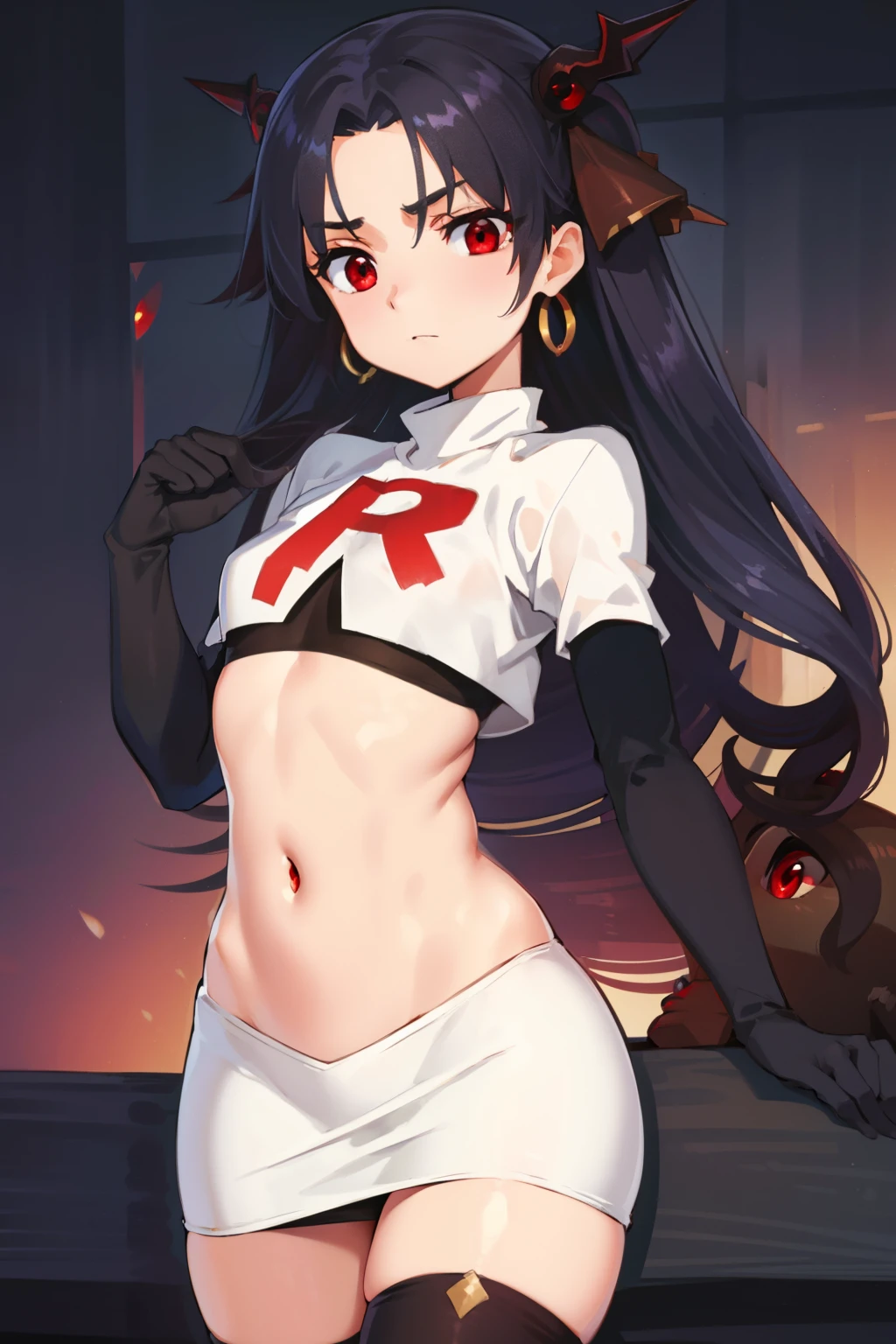 ishtar, ishtar yd, ahoge, black bow, bow, black hair, earrings, hair bow, hair ornament, jewelry, long hair, (red eyes:1.5), (parted bangs:1.5), (small breast:1.2),
BREAK team rocket,team rocket uniform,white skirt,red letter R,crop top,black thigh-highs,black elbow gloves
BREAK looking at viewer, cowboy shot,
BREAK (masterpiece:1.2), best quality, high resolution, unity 8k wallpaper, (illustration:0.8), (beautiful detailed eyes:1.6), extremely detailed face, perfect lighting, extremely detailed CG, (perfect hands, perfect anatomy),