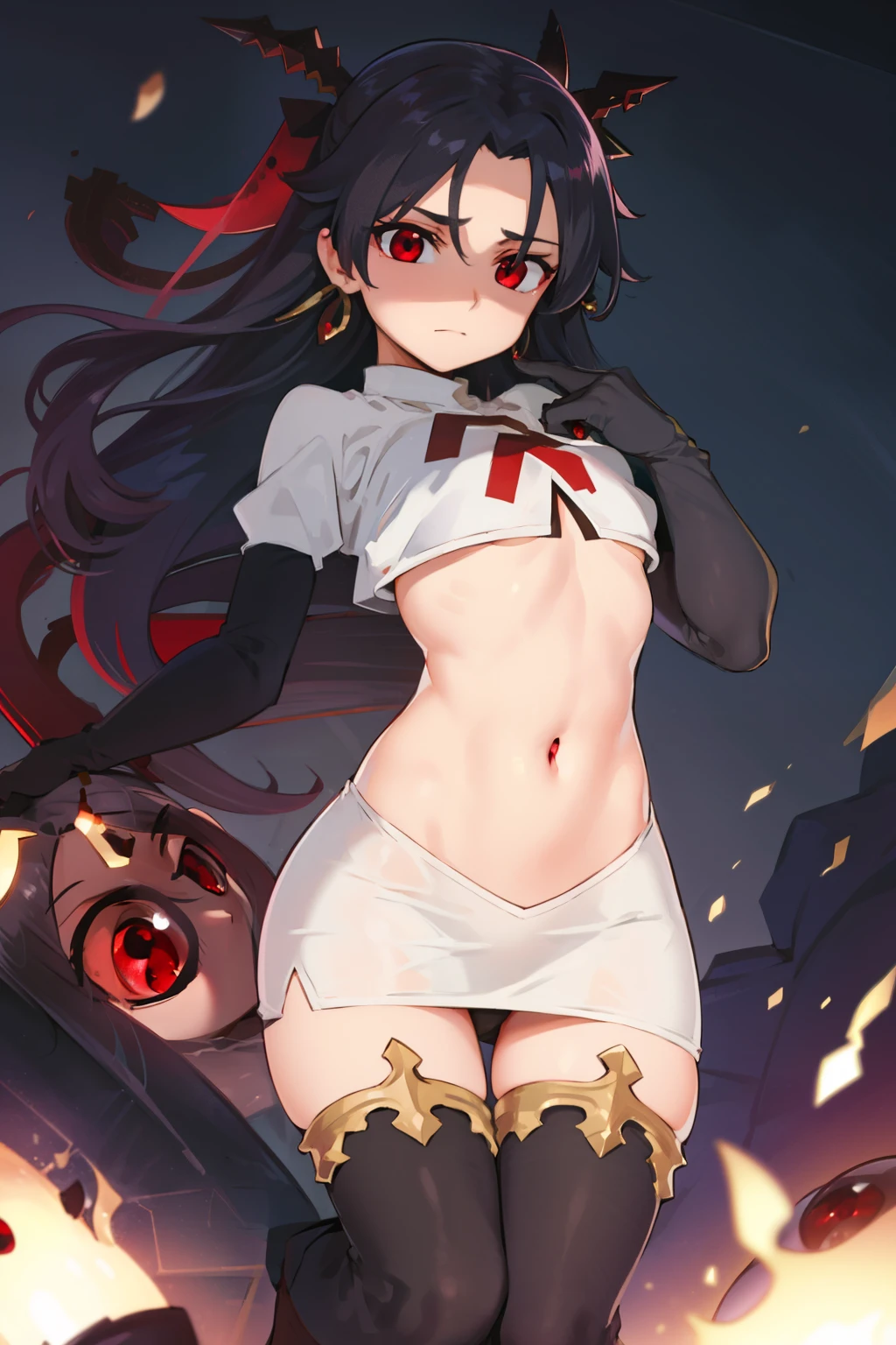 ishtar, ishtar yd, ahoge, black bow, bow, black hair, earrings, hair bow, hair ornament, jewelry, long hair, (red eyes:1.5), (parted bangs:1.5), (small breast:1.2),
BREAK team rocket,team rocket uniform,white skirt,red letter R,crop top,black thigh-highs,black elbow gloves
BREAK looking at viewer, cowboy shot,
BREAK (masterpiece:1.2), best quality, high resolution, unity 8k wallpaper, (illustration:0.8), (beautiful detailed eyes:1.6), extremely detailed face, perfect lighting, extremely detailed CG, (perfect hands, perfect anatomy),