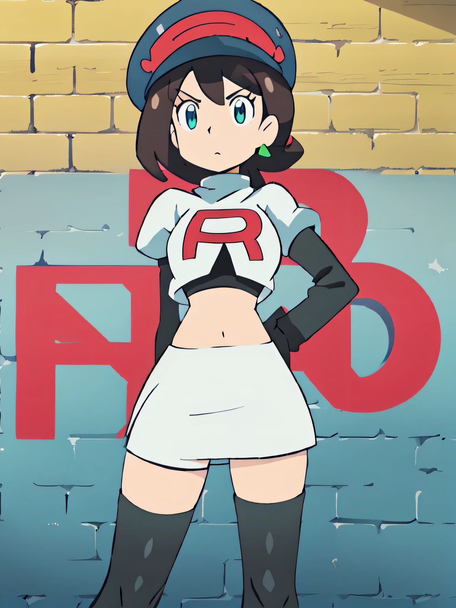 8k, ,1girl in, (solo:1.1), (perfect body:1.1), (best quality:1.1), very large breast, team rocket uniform, red letter r, white skirt,white crop top,black thigh-high boots, black elbow gloves, glaring angrily, looking down at viewer, hands on hips,zettai ryouiki,cowboy shot, Trucy Wright