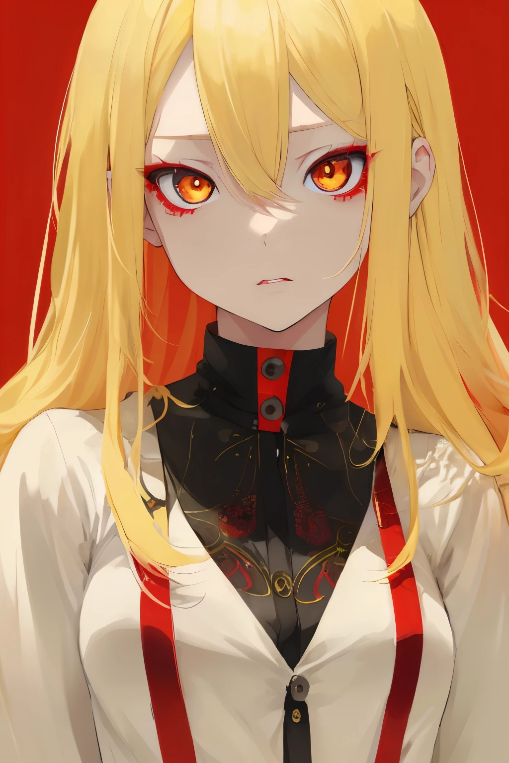 female,yellow hair,red eyes,perfect face,detailed,masterpiece,Lovely,best quality,taciturn,indifferent,A sense of contrast,red pupils,