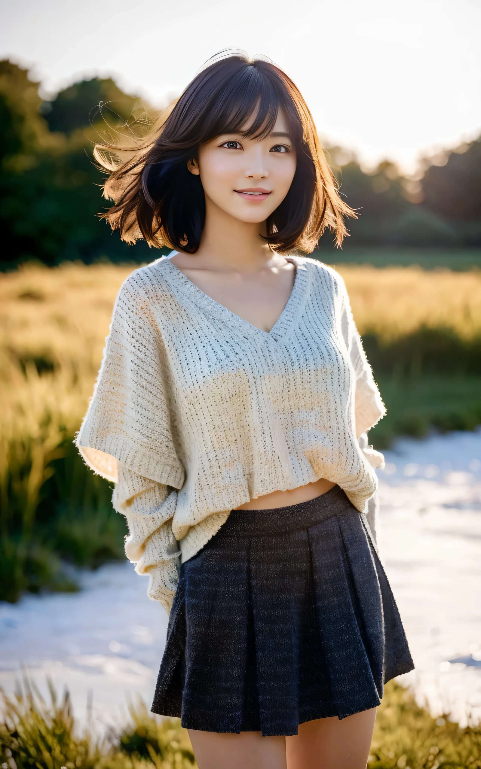 photo-realistic, surreal, cinematic lighting, 32K, 1 girl, (lost heart:1.2), shy smile, Backlight, bright light, (Improvement of quality:1.4), (Highest quality realistic textured skin:1.4), detailed eyes, detailed face,  short hair, hair blowing in the wind, bangs, knit sweater,  skirt, (Enhances the beauty of skin texture:1.1), matte texture, Riverbank in autumn, 