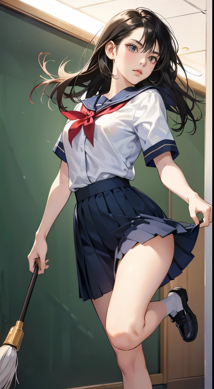 (best quality,4k,high resolution:1.2), Super detailed, lifelike, Celebrity black-haired girl, long, straight hair, cool girl, sharp vision, fierce look, Correct posture for battle scenes, 跳Kick, 酷炫的Kick腿动作,,Kick， intricate details, Realistic portrayal, Delicate skin texture down to the smallest detail, classroom background, High , Uniforms, navy blue skirt, summer clothing, short sleeves.