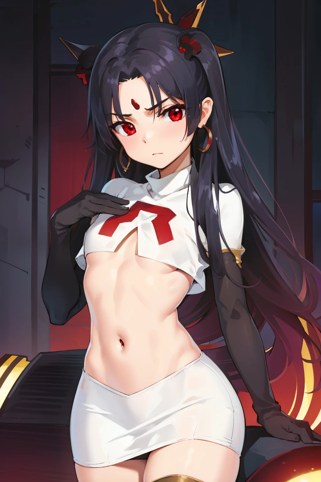 ishtar, ishtar yd, ahoge, black bow, bow, black hair, earrings, hair bow, hair ornament, jewelry, long hair, (red eyes:1.5), (parted bangs:1.5), (small breast:1.2),
BREAK team rocket,team rocket uniform,white skirt,red letter R,crop top,black thigh-highs,black elbow gloves
BREAK looking at viewer, cowboy shot,
BREAK (masterpiece:1.2), best quality, high resolution, unity 8k wallpaper, (illustration:0.8), (beautiful detailed eyes:1.6), extremely detailed face, perfect lighting, extremely detailed CG, (perfect hands, perfect anatomy),