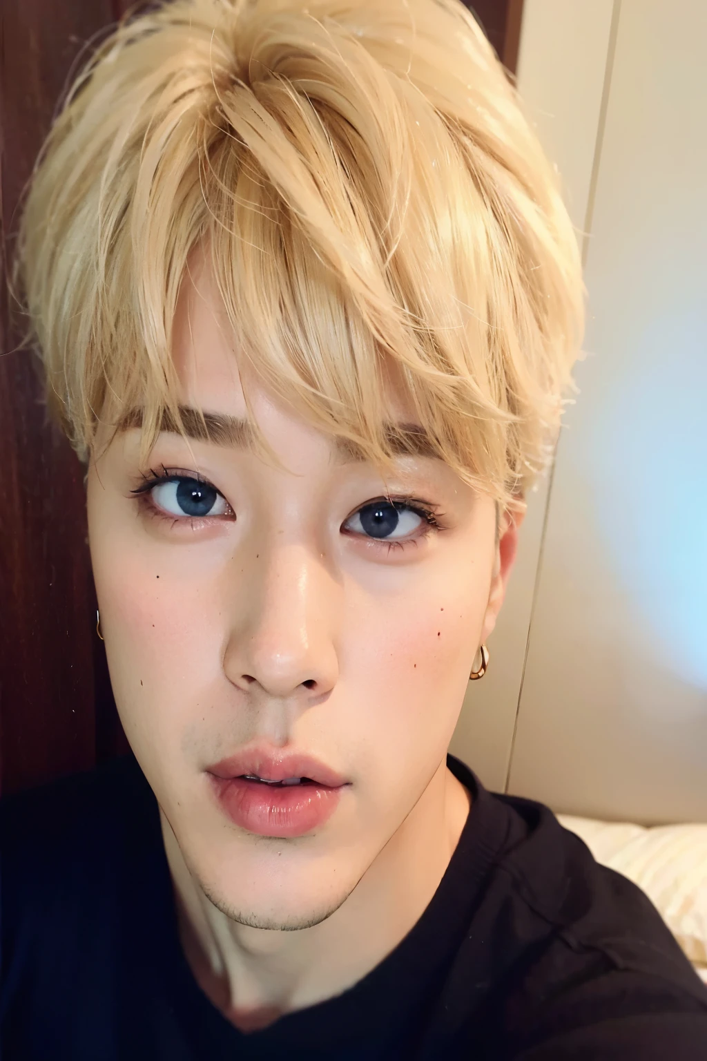 arafed photo of a young man with a blonde haircut, jimin\'s plump lips, jimin\'s right eyelid swollen, jimin\'s grecian nose, park jimin, jimin, accurate jimin face, with short hair, wan adorable korean face, jung jaehyun, taejune kim, black haired yoongi, bts, portrait of kpop idol, hyung tae