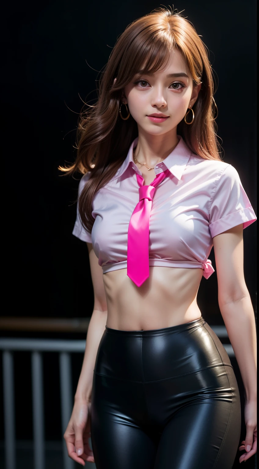 8k, masterpiece, original photo, best quality, lifelike, Extremely detailed CG unified 8k wallpaper, depth of field, movie lighting, lens flare, Ray tracing, (extremely beautiful face, beautiful lips, beautiful eyes), Intricately detailed face, ((Super fine skin)) 1 girl, in the darkness, deep shadow, Beautiful Korean girl, kpop idol, 1 girl, (very slim slender fit-muscled body:1.3), ((looking at the audience)),(bright smile:1.3), (pink leggings), (midnight, dark night, (neon lights), (blurred background), dim lights), (no one in the background:1.3), beautiful earrings, bracelet, necklace, pantyhose, clear eyes, walk , frontal shot, (pale skin), (big eyes), facing forward, (full-body shot), ((silk hot pink shirt)), (brown hair), ((tie shirt)), open navel, (looking at the audience:1.3) very slim, medium breasts, (camel toe), Thick thighs, look back