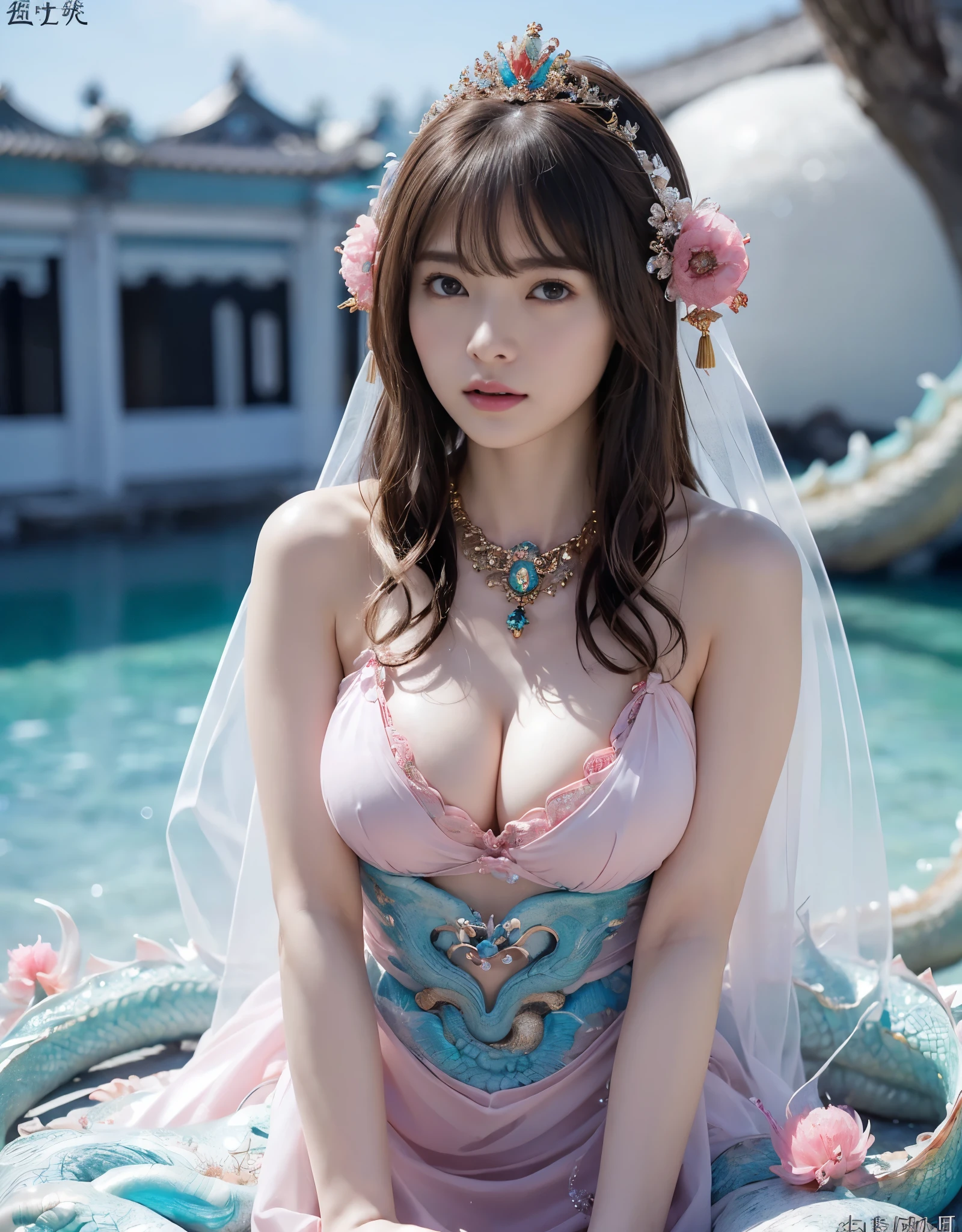 (very heavy chest)、highest quality、masterpiece、ultra high resolution、(ice dragon armor)、(((Metal製))),(((big breasts)))、(((Detailed revealing pink micro bikini))),(she wears a beautiful crown made of precious stones.),(Photoreal:1.4)、RAW photo、1 girl、(((random hair))、(((color々take a pose)))、glowing skin、(((ice ice chinese dragon)))、intricate and gorgeous hair ornaments、(Looks like a gorgeous jewelry necklace)、(someone who looks at you calmly, Eyes like a goddess.)happiness:1.2).((beautiful sea background))、cliff、(ruins background)、((Super realistic details))、portrait、global illumination、(sexy pose)、Shadow、octane rendering、16K、big breasts、Raw skin exposed in the cleavage、Metal、intricate decorative details、Japan details、very intricate details、realistic light、CG Society Trenlow Eyes、Eyes shining towards the camera、(veil)、(((heavy big))),Shining eyes shine、armpit、24K,