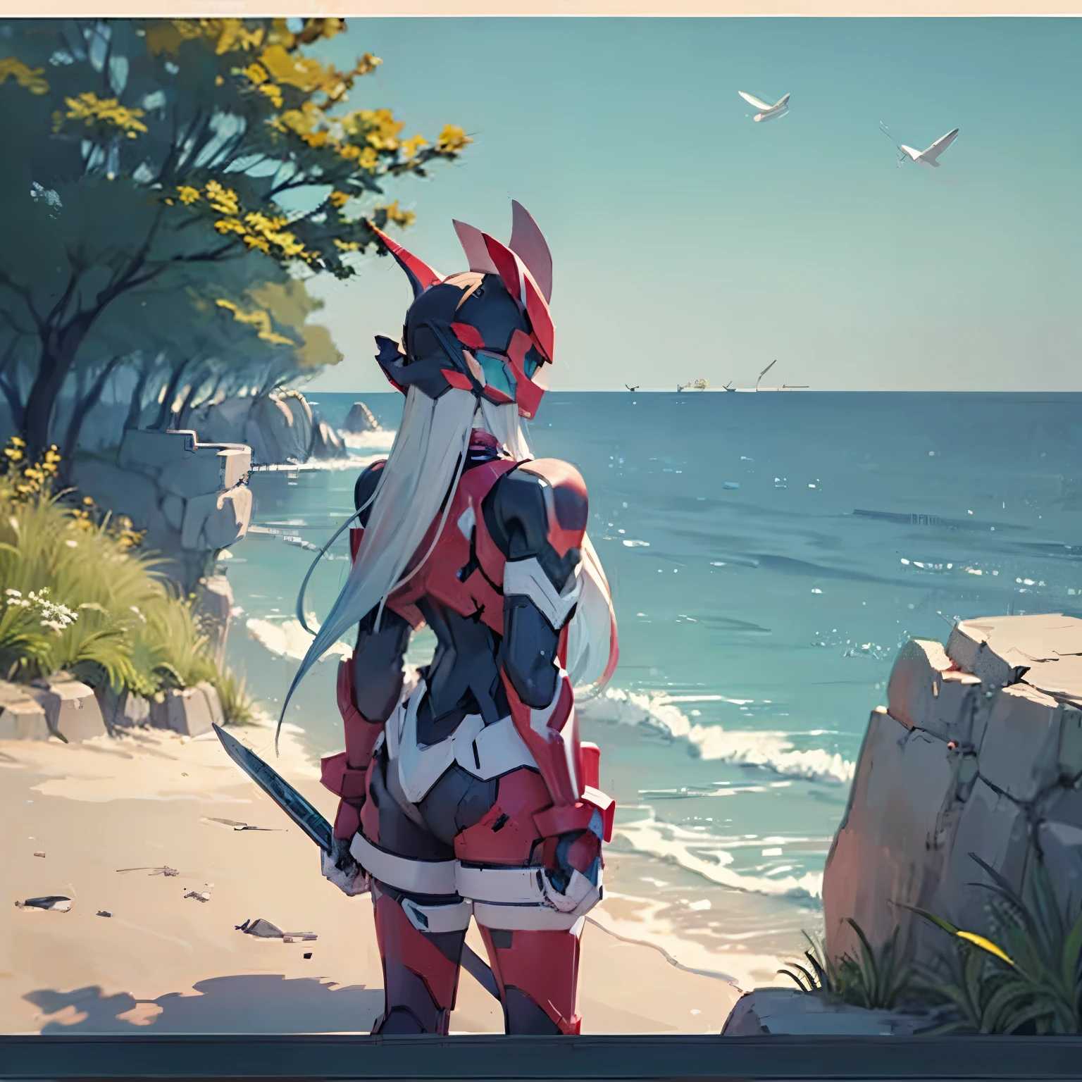 megzeromyth2023,1boy, long white hair, red armor, green energy sword, 8k, uhd, best quality, masterpiece, intricate, overlooking the ocean on the edge of a rock, in the style of avian-themed, realistic yet stylized, villagecore, azure, orange and azure, dragoncore, aerial view