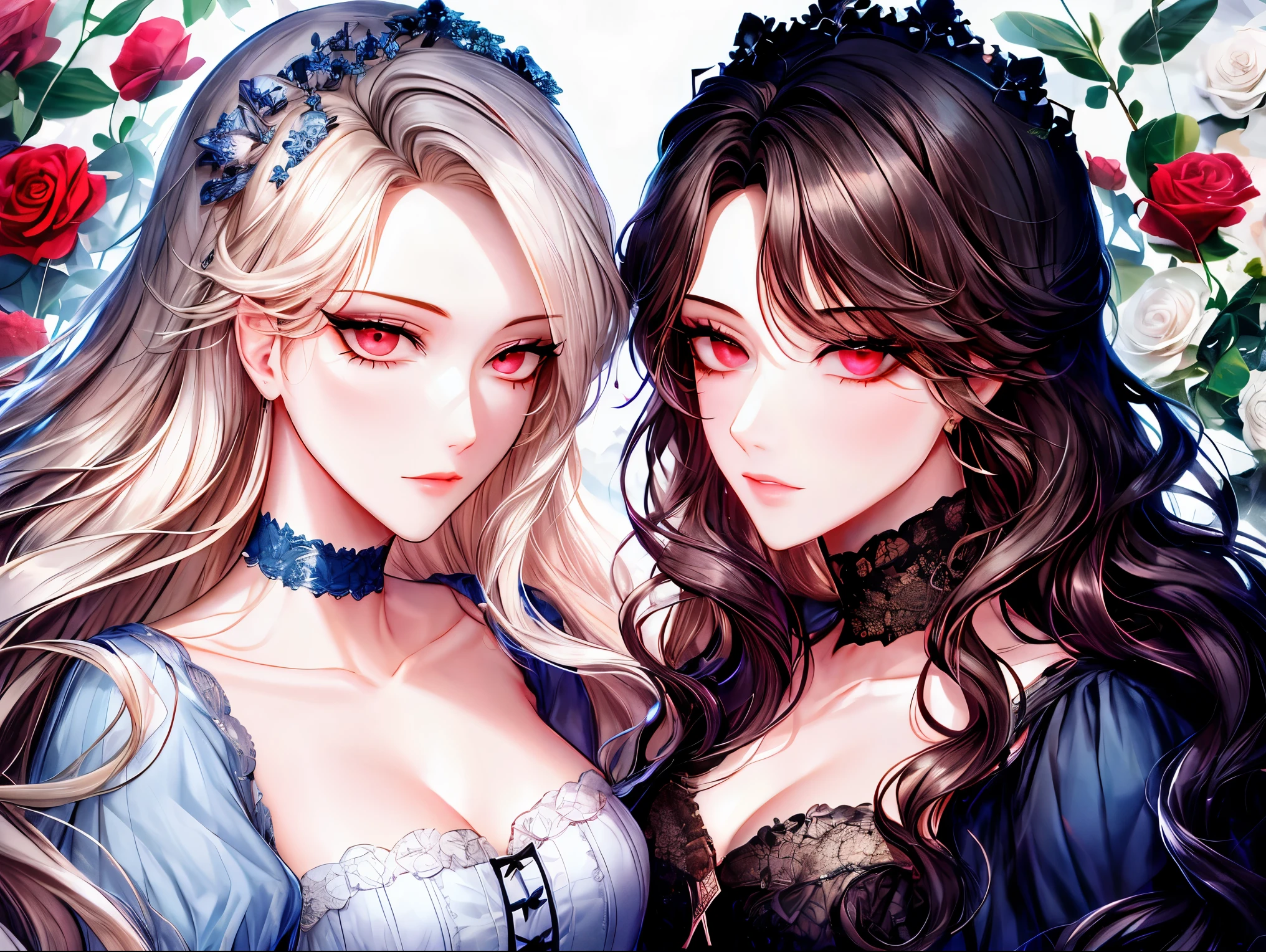 shoujo-style, (floral background), romance manhwa, (2girls, aligned), silver hair, blonde hair, solo, long hair, flower, dress, tiara, white dress, gloves, long sleeves, choker, green eyes, red eyes, mascara, makeup, white gloves, black bow, black flower, wavy hair, bow, jewelry, looking at viewer, white background, collarbone, puffy sleeves, silver accessories, upper body, parted bangs, very long hair, blue dress, frills, bangs, closed mouth, detailed eyes, (close up), gleaming skin, shiny glossy skin