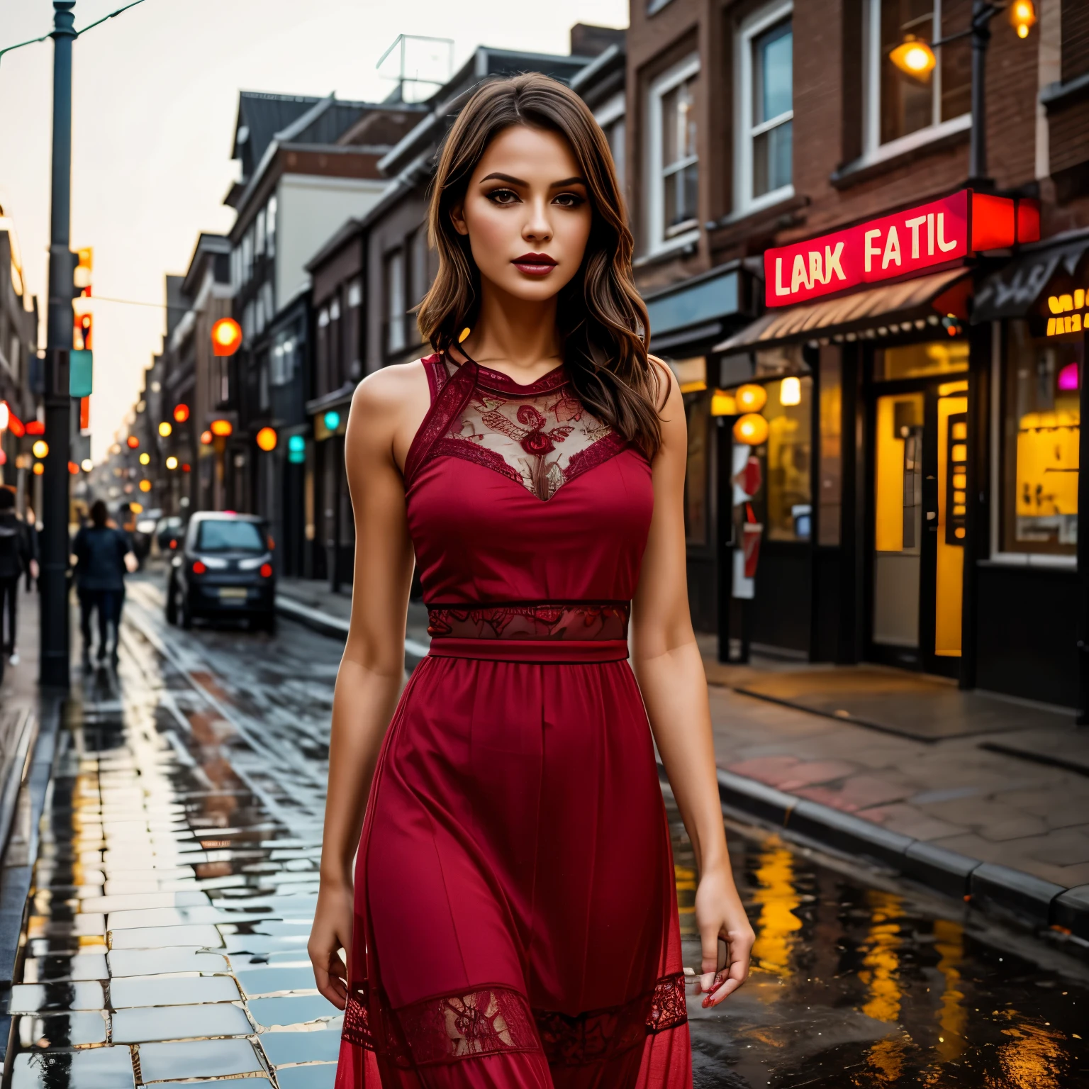 (best quality,8k, ((wearing lace maxi dress)),standing,red light district,highly detailed face and skin texture,detailed eyes,double eyelids),portrait,sunny atmosphere,soft focus,warm color tones,subtle backlighting,dewdrops on lashes,urban landscape,reflection on wet pavement,moody aesthetic. Body main focus,  