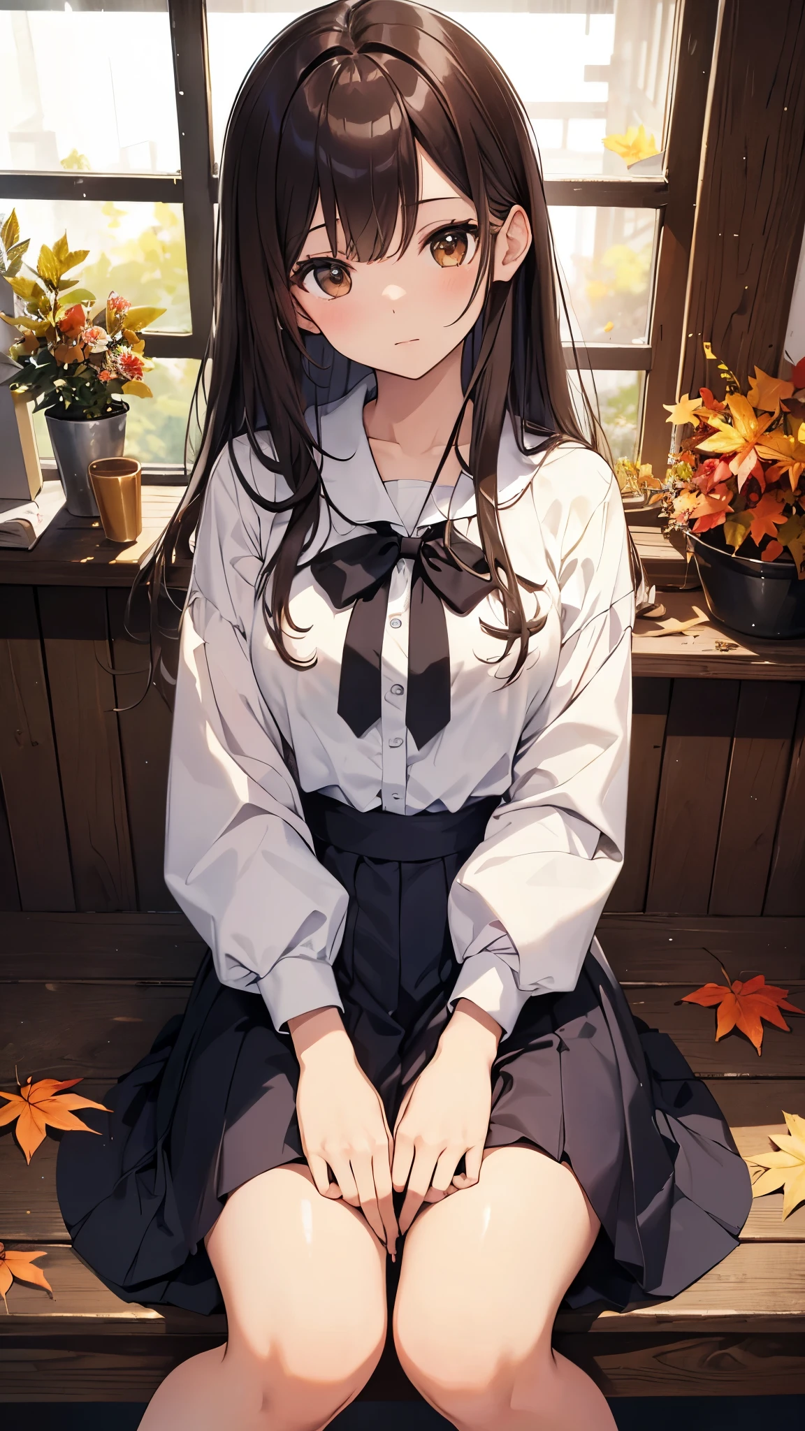 high resolution、masterpiece、Chizuru Ichinose、brown hair、I、For women、high school girl、School、autumn leaves、sit on top、detailed background、detailed eye、((brown eyes)),beautiful and perfect legs, clean and perfect hands