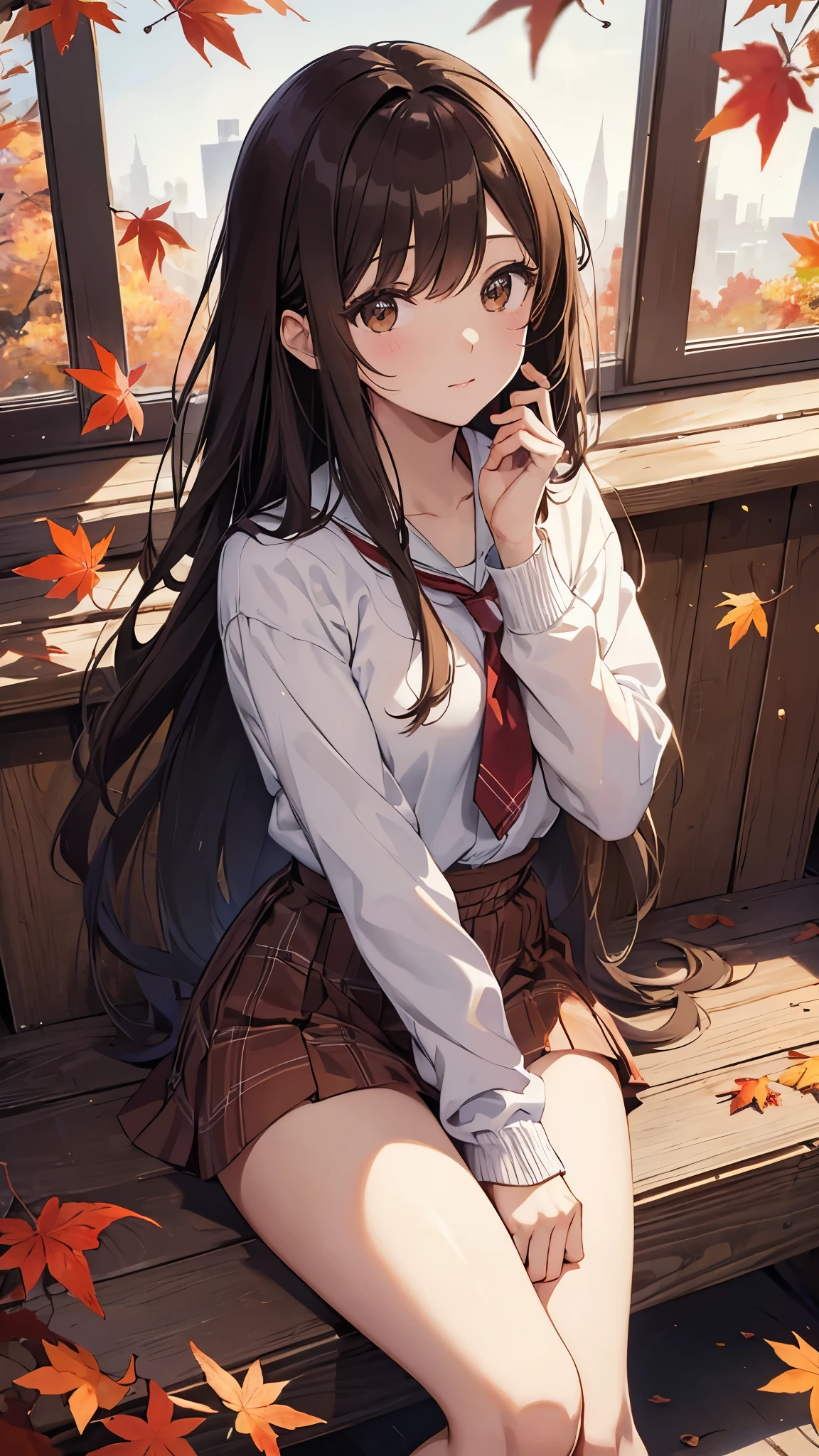 high resolution、masterpiece、Chizuru Ichinose、brown hair、I、For women、high school girl、School、autumn leaves、sit on top、detailed background、detailed eye、((brown eyes)),beautiful and perfect legs, clean and perfect hands