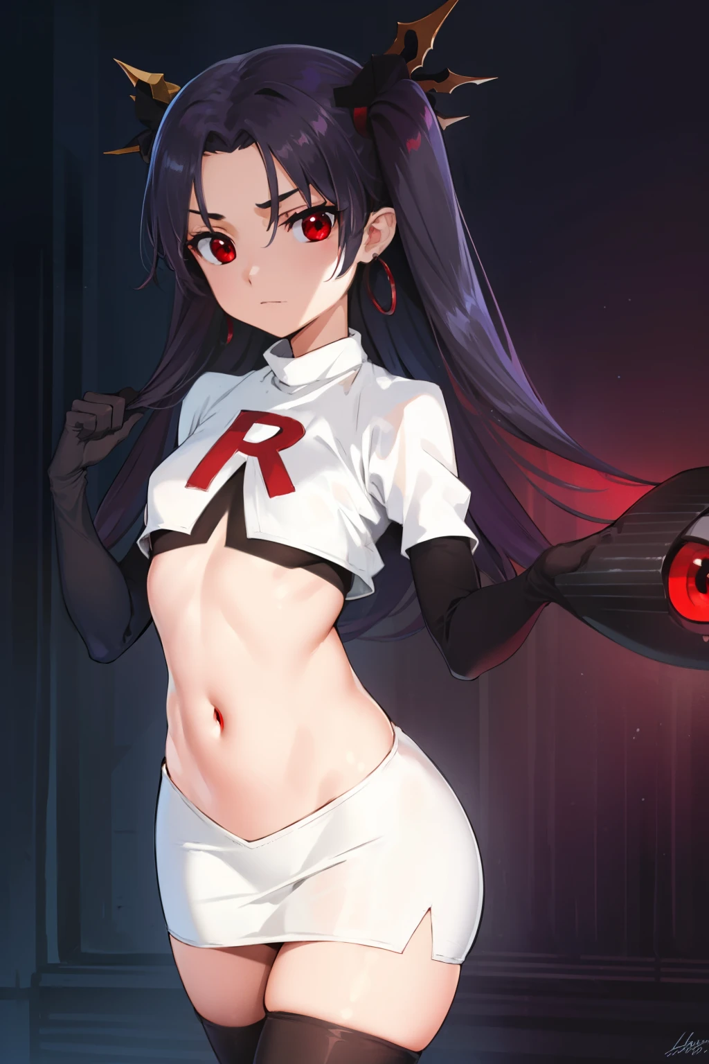 ishtar, ishtar yd, ahoge, black bow, bow, black hair, earrings, hair bow, hair ornament, jewelry, long hair, (red eyes:1.5), (parted bangs:1.5), (small breast:1.2),
BREAK team rocket,team rocket uniform,white skirt,red letter R,crop top,black thigh-highs,black elbow gloves
BREAK looking at viewer, cowboy shot,
BREAK (masterpiece:1.2), best quality, high resolution, unity 8k wallpaper, (illustration:0.8), (beautiful detailed eyes:1.6), extremely detailed face, perfect lighting, extremely detailed CG, (perfect hands, perfect anatomy),