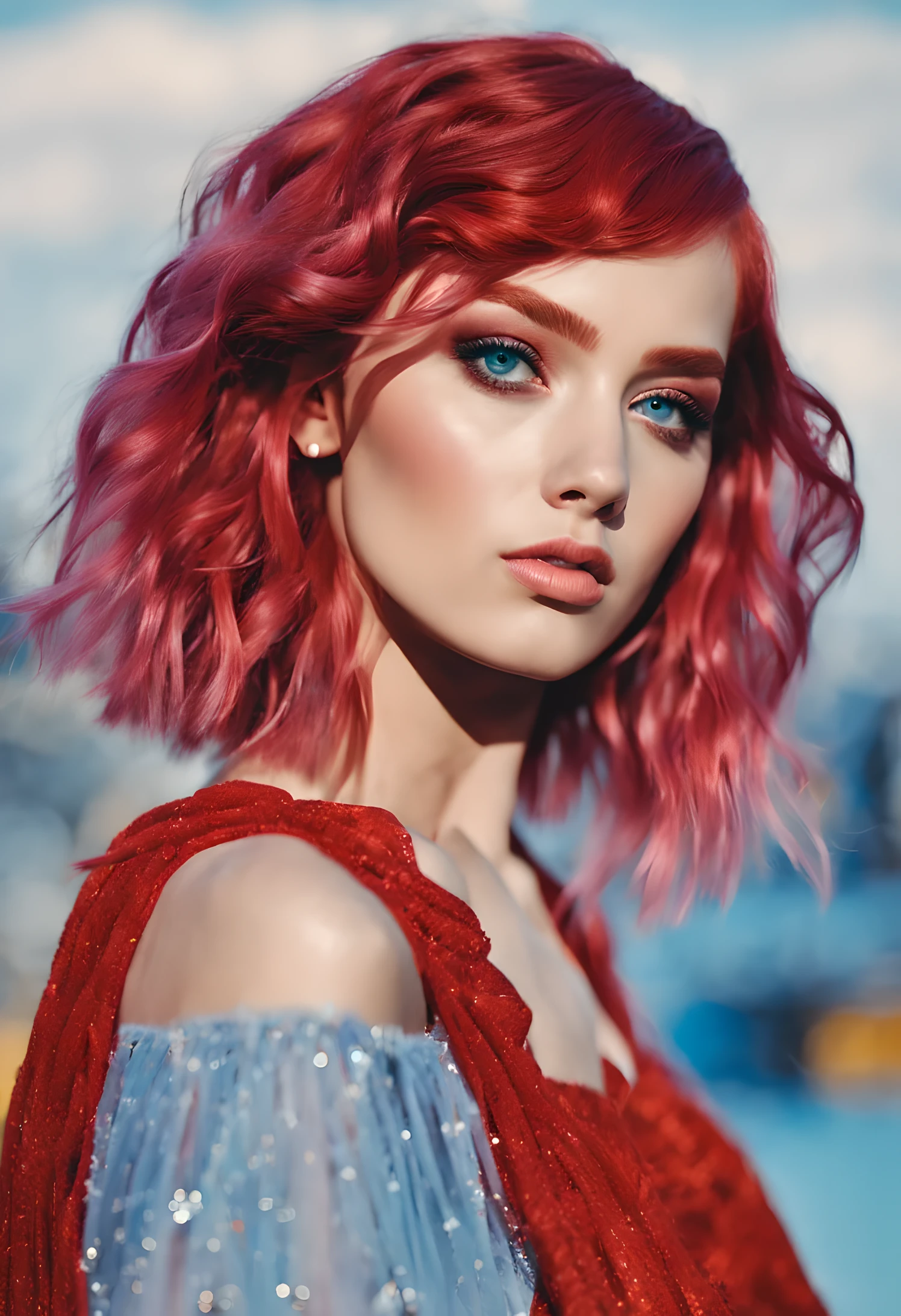 closeup it natural and cinematic girl modern medium bob cut wavy hair red bluish hair colorful braids makeup redish blue eye shadows, eye brows, glittery hair lively happy