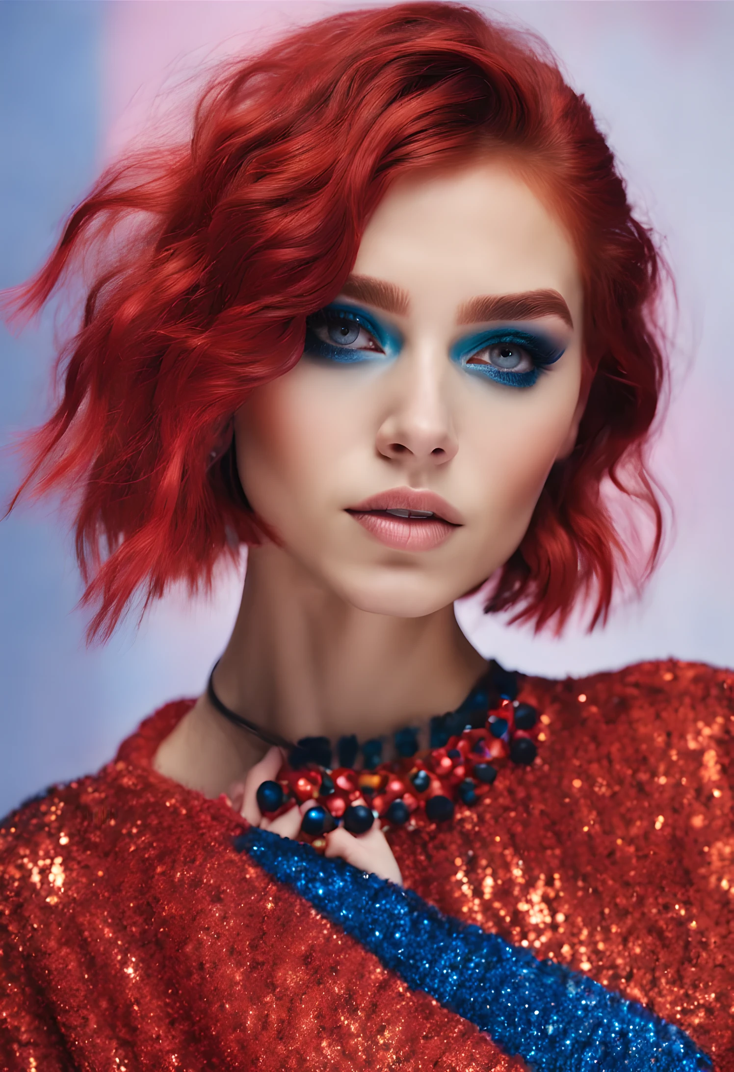 closeup it natural and cinematic girl modern medium bob cut wavy hair red bluish hair colorful braids makeup redish blue eye shadows, eye brows, glittery hair lively happy