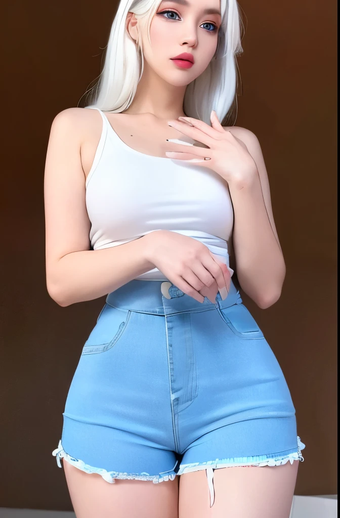 lifelike, high resolution, 1 girl, Horsetail white hair, Korean, blue eyes, Small moles under eyes, loose white shirt, Skinny denim shorts, medium chest, lively, Thick thighs