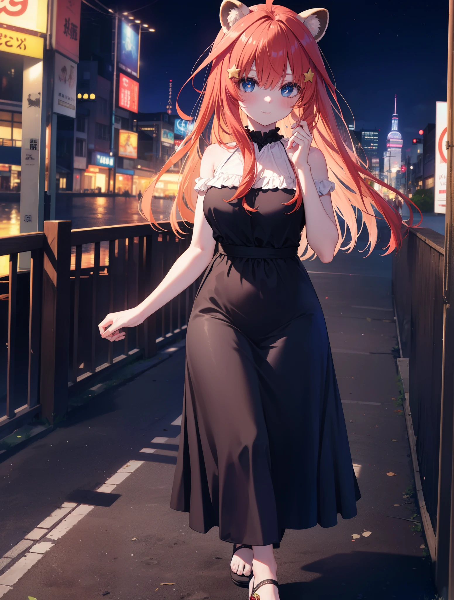 Satsuki Nakano, Itsuki Nakano, bangs, blue eyes, hair between eyes, Ahoge, redhead, star \(symbol\), hair ornaments, smile,blush,star hair ornaments,animal ears　 raccoon ears,animal tail 　Tanuki tail,bare shoulders,red official shoulder dress,long skirt,very sandals,turn around,city,Walking outdoors, city
壊す (masterpiece:1.2), highest quality, High resolution, unity 8k wallpaper, (shape:0.8), (beautiful and detailed eyes:1.6), highly detailed face, perfect lighting, Very detailed CG, (perfect hands, perfect anatomy),