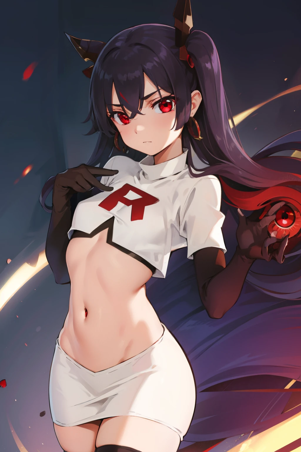 ishtar, ishtar yd, ahoge, black bow, bow, black hair, earrings, hair bow, hair ornament, jewelry, long hair, (red eyes:1.5), (parted bangs:1.5), (small breast:1.2),
BREAK team rocket,team rocket uniform,white skirt,red letter R,crop top,black thigh-highs,black elbow gloves
BREAK looking at viewer, cowboy shot,
BREAK (masterpiece:1.2), best quality, high resolution, unity 8k wallpaper, (illustration:0.8), (beautiful detailed eyes:1.6), extremely detailed face, perfect lighting, extremely detailed CG, (perfect hands, perfect anatomy),