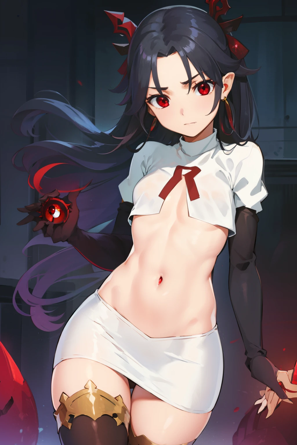 ishtar, ishtar yd, ahoge, black bow, bow, black hair, earrings, hair bow, hair ornament, jewelry, long hair, (red eyes:1.5), (parted bangs:1.5), (small breast:1.2),
BREAK team rocket,team rocket uniform,white skirt,red letter R,crop top,black thigh-highs,black elbow gloves
BREAK looking at viewer, cowboy shot,
BREAK (masterpiece:1.2), best quality, high resolution, unity 8k wallpaper, (illustration:0.8), (beautiful detailed eyes:1.6), extremely detailed face, perfect lighting, extremely detailed CG, (perfect hands, perfect anatomy),