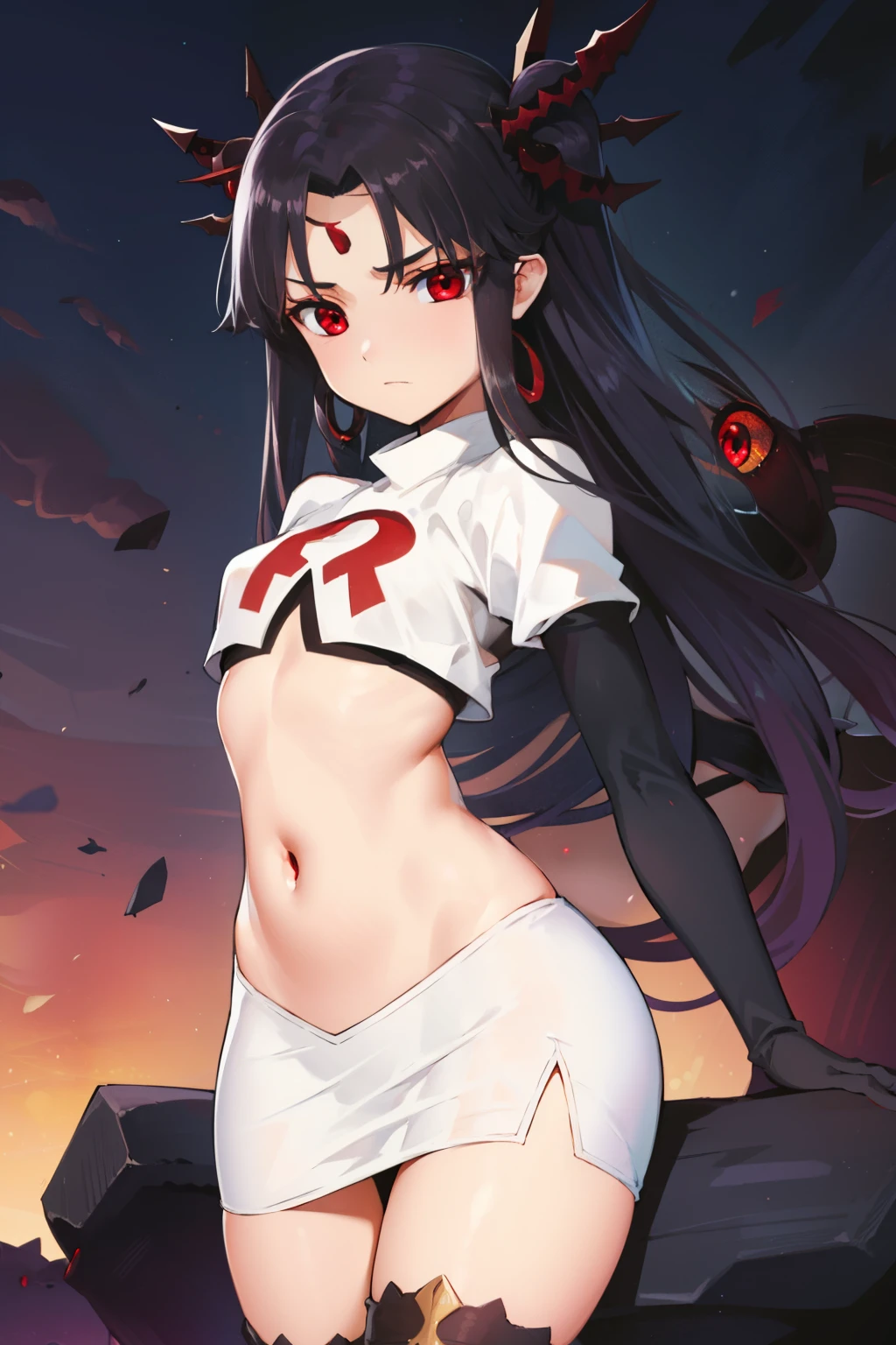 ishtar, ishtar yd, ahoge, black bow, bow, black hair, earrings, hair bow, hair ornament, jewelry, long hair, (red eyes:1.5), (parted bangs:1.5), (small breast:1.2),
BREAK team rocket,team rocket uniform,white skirt,red letter R,crop top,black thigh-highs,black elbow gloves
BREAK looking at viewer, cowboy shot,
BREAK (masterpiece:1.2), best quality, high resolution, unity 8k wallpaper, (illustration:0.8), (beautiful detailed eyes:1.6), extremely detailed face, perfect lighting, extremely detailed CG, (perfect hands, perfect anatomy),