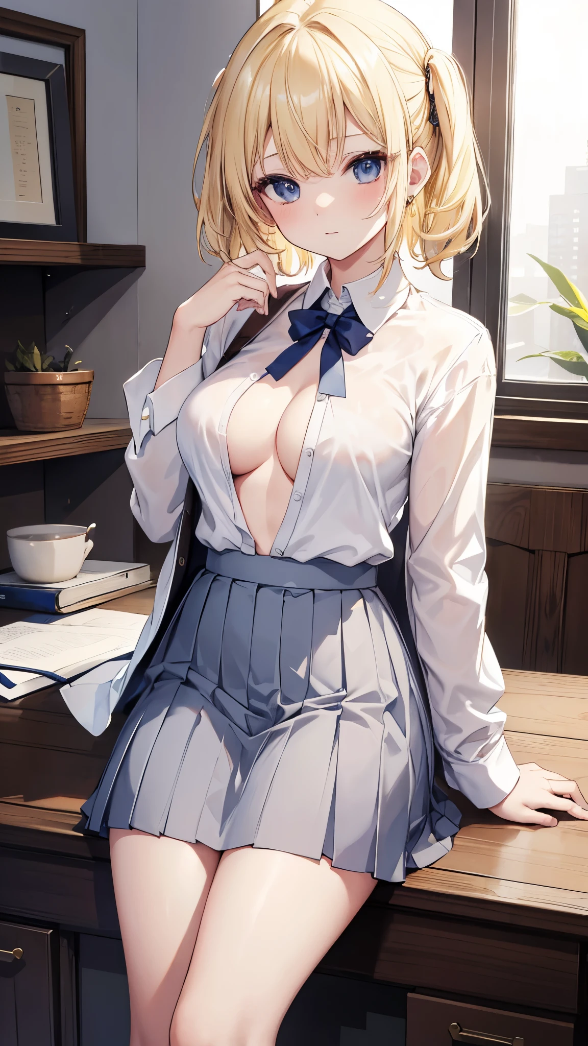 masterpiece, highest quality, High resolution, Sa1, blonde hair, uniform, white shirt, skirt, チェック柄skirt, open shirt, bra is very,