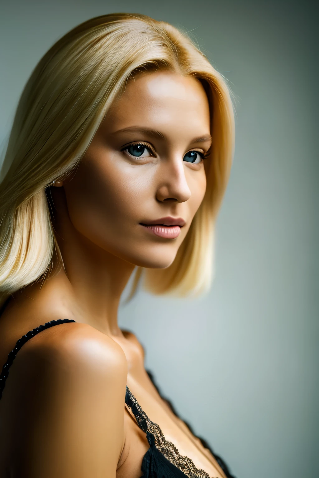 une femme aux cheveux blonds, porter un body en dentelle, fond blanc, Arthur Tarnowski, portrait photorealistic, photorealism, photo realistic, realism, UHD, (realistic:1.2), (chef-d'artwork, best quality, High quality, high resolution), Photo brute, mains realistics, Yeux realistics,