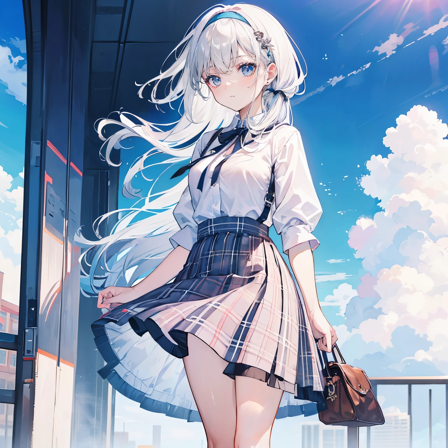 white hair,gray eyes,long hair,Bangs,green hairband,cute, JK plaid skirt,The background is blue sky and white clouds