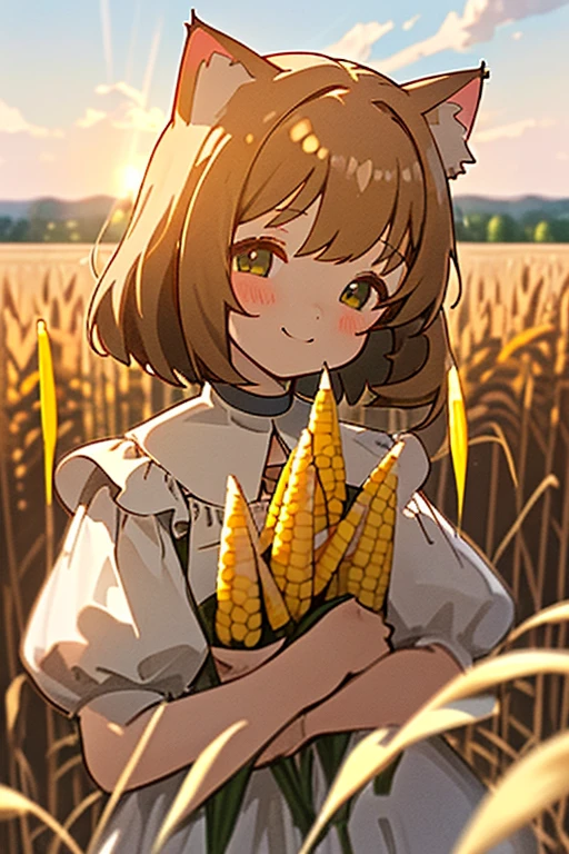 illustration/ 1️⃣👧➕cat ear/ 😊/ 🌤️/ 🏞️/ Corn field/ ⛰️/ upper body/ Pure white dress/ Face in focus/ looking at viewer/ Bokeh/ Blurred Backgrounds/ depth of field/ Aerial perspective/