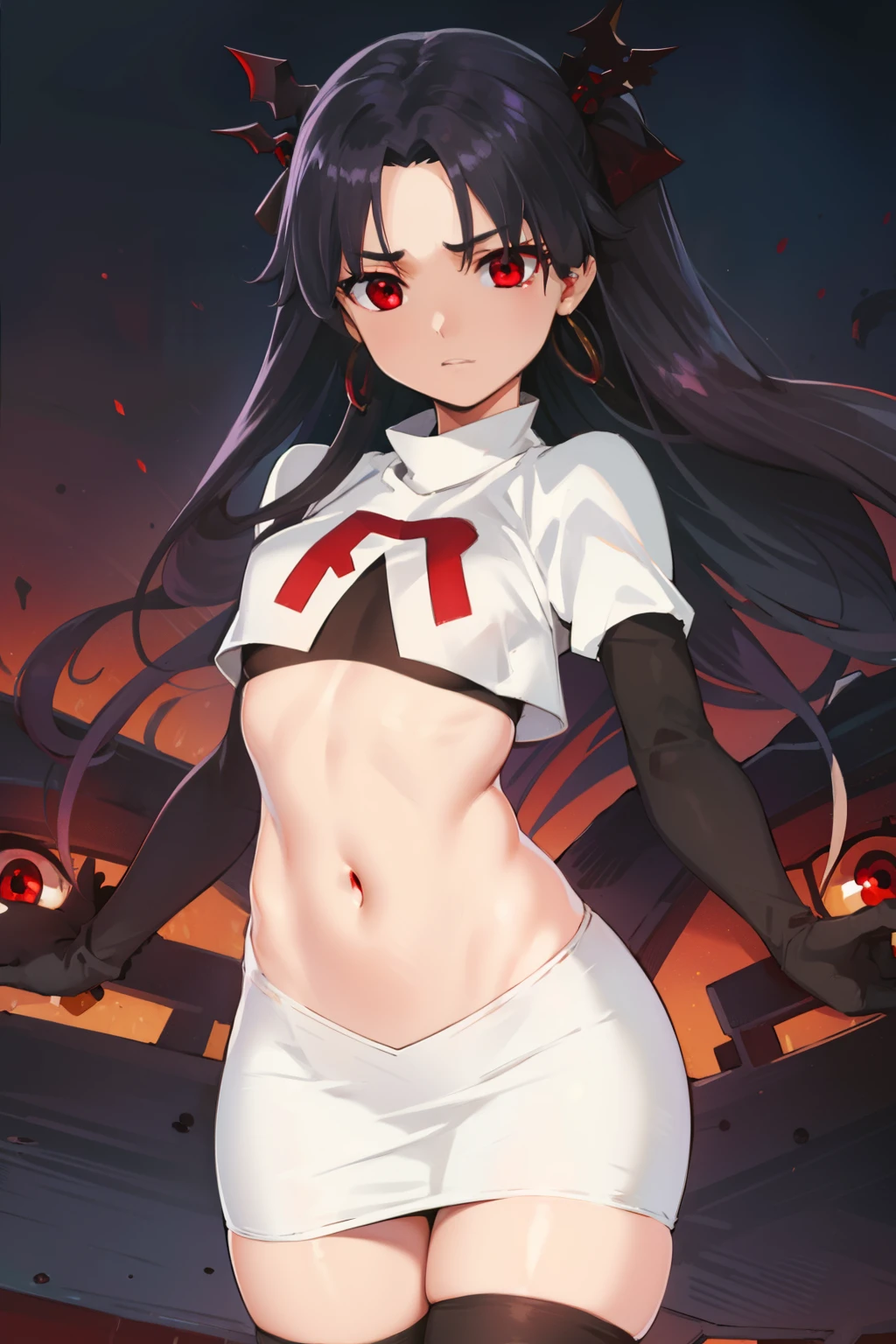 ishtar, ishtar yd, ahoge, black bow, bow, black hair, earrings, hair bow, hair ornament, jewelry, long hair, (red eyes:1.5), (parted bangs:1.5), (small breast:1.2),
BREAK team rocket,team rocket uniform,white skirt,red letter R,crop top,black thigh-highs,black elbow gloves
BREAK looking at viewer, cowboy shot,
BREAK (masterpiece:1.2), best quality, high resolution, unity 8k wallpaper, (illustration:0.8), (beautiful detailed eyes:1.6), extremely detailed face, perfect lighting, extremely detailed CG, (perfect hands, perfect anatomy),