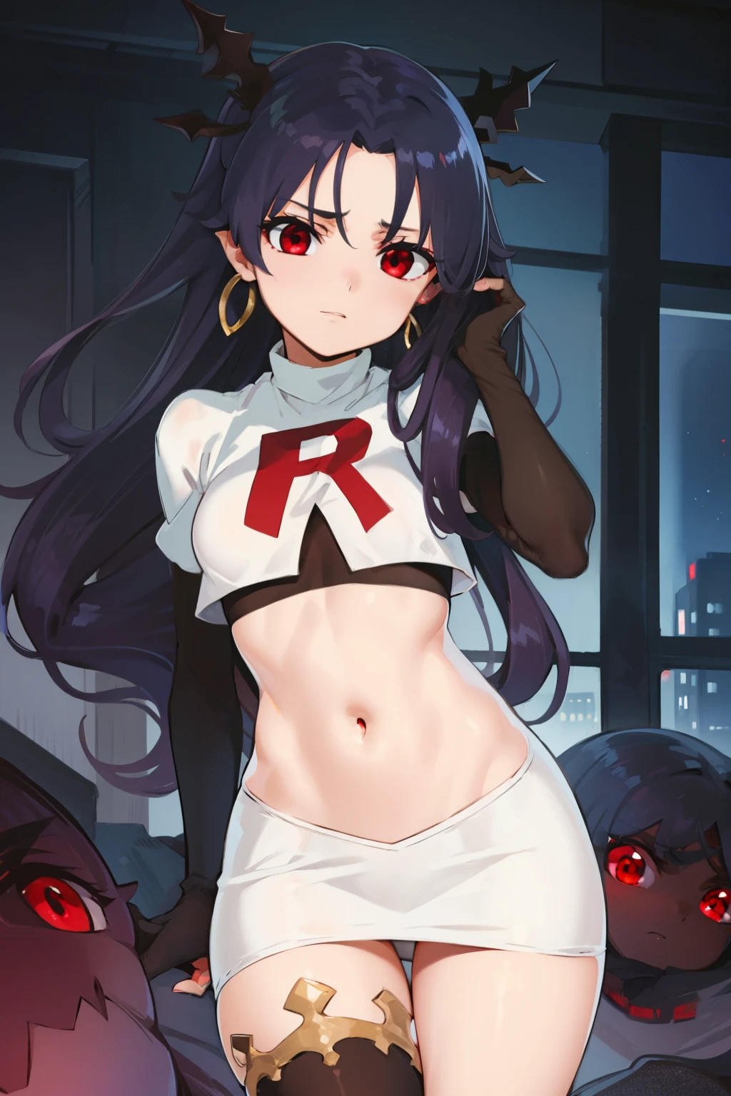 ishtar, ishtar yd, ahoge, black bow, bow, black hair, earrings, hair bow, hair ornament, jewelry, long hair, (red eyes:1.5), (parted bangs:1.5), (small breast:1.2),
BREAK team rocket,team rocket uniform,white skirt,red letter R,crop top,black thigh-highs,black elbow gloves
BREAK looking at viewer, cowboy shot,
BREAK (masterpiece:1.2), best quality, high resolution, unity 8k wallpaper, (illustration:0.8), (beautiful detailed eyes:1.6), extremely detailed face, perfect lighting, extremely detailed CG, (perfect hands, perfect anatomy),