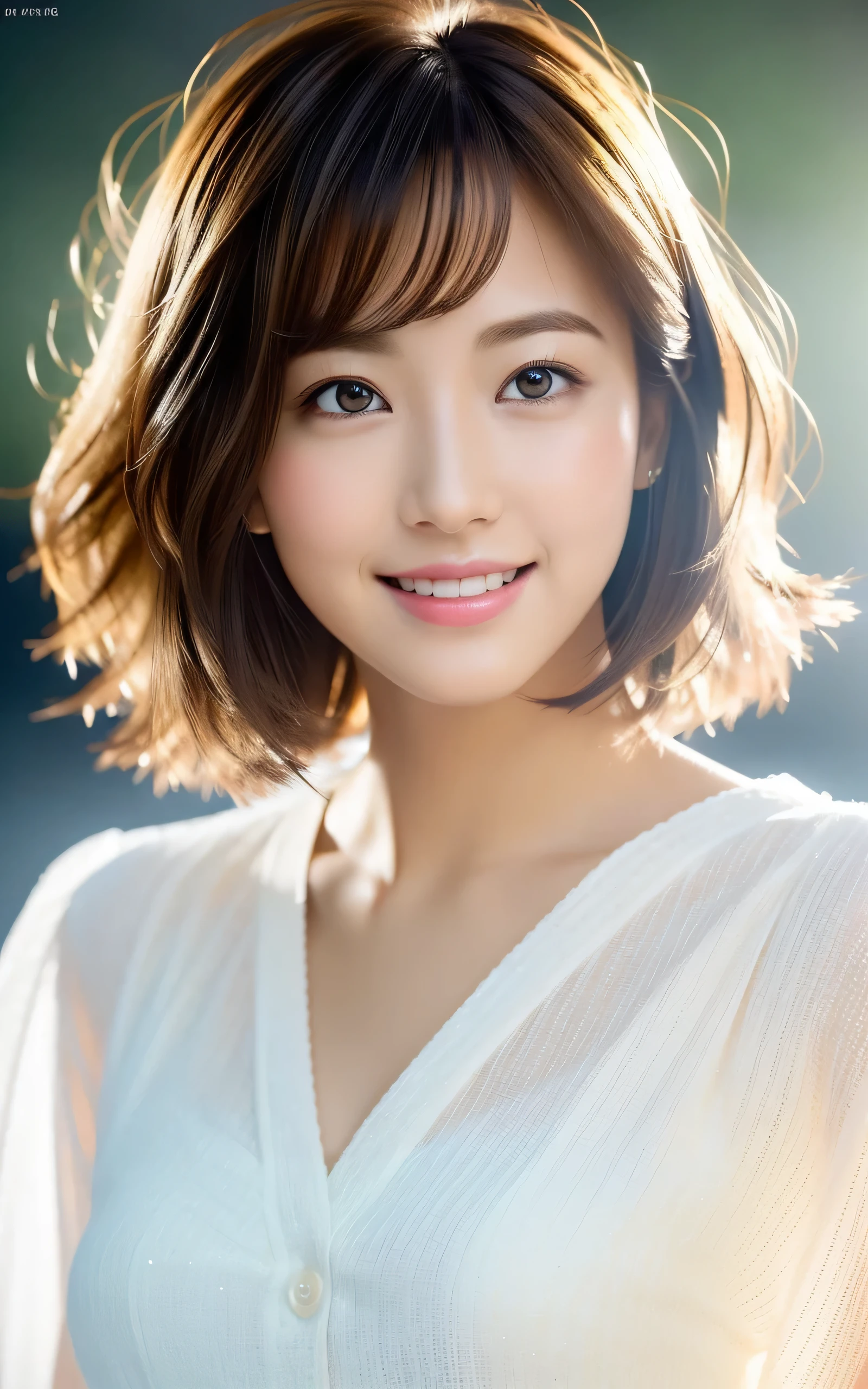 photo-realistic, surreal, cinematic lighting, 32K, 1 girl, look up, Backlight, (bright light:1.2), (Improvement of quality:1.4), (Highest quality realistic textured skin:1.4), detailed eyes, detailed face, shy smile, close up of face, short hair, blouse, (Enhances the beauty of skin texture:1.1), matte texture