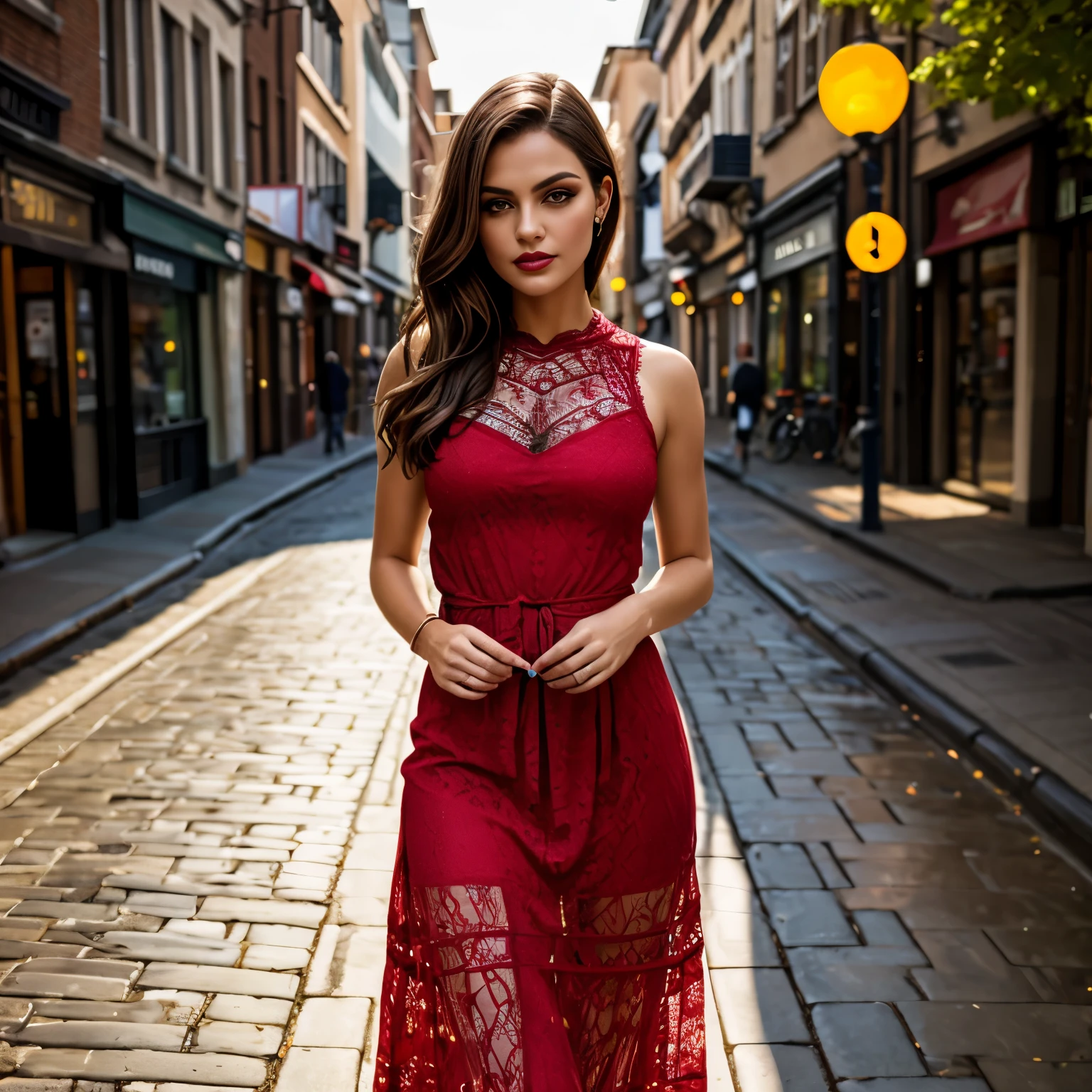 (best quality,8k, ((wearing lace maxi dress)),standing,red light district,highly detailed face and skin texture,detailed eyes,double eyelids),portrait,sunny atmosphere,soft focus,warm color tones,subtle backlighting,dewdrops on lashes,urban landscape,reflection on wet pavement,moody aesthetic. Body main focus,  