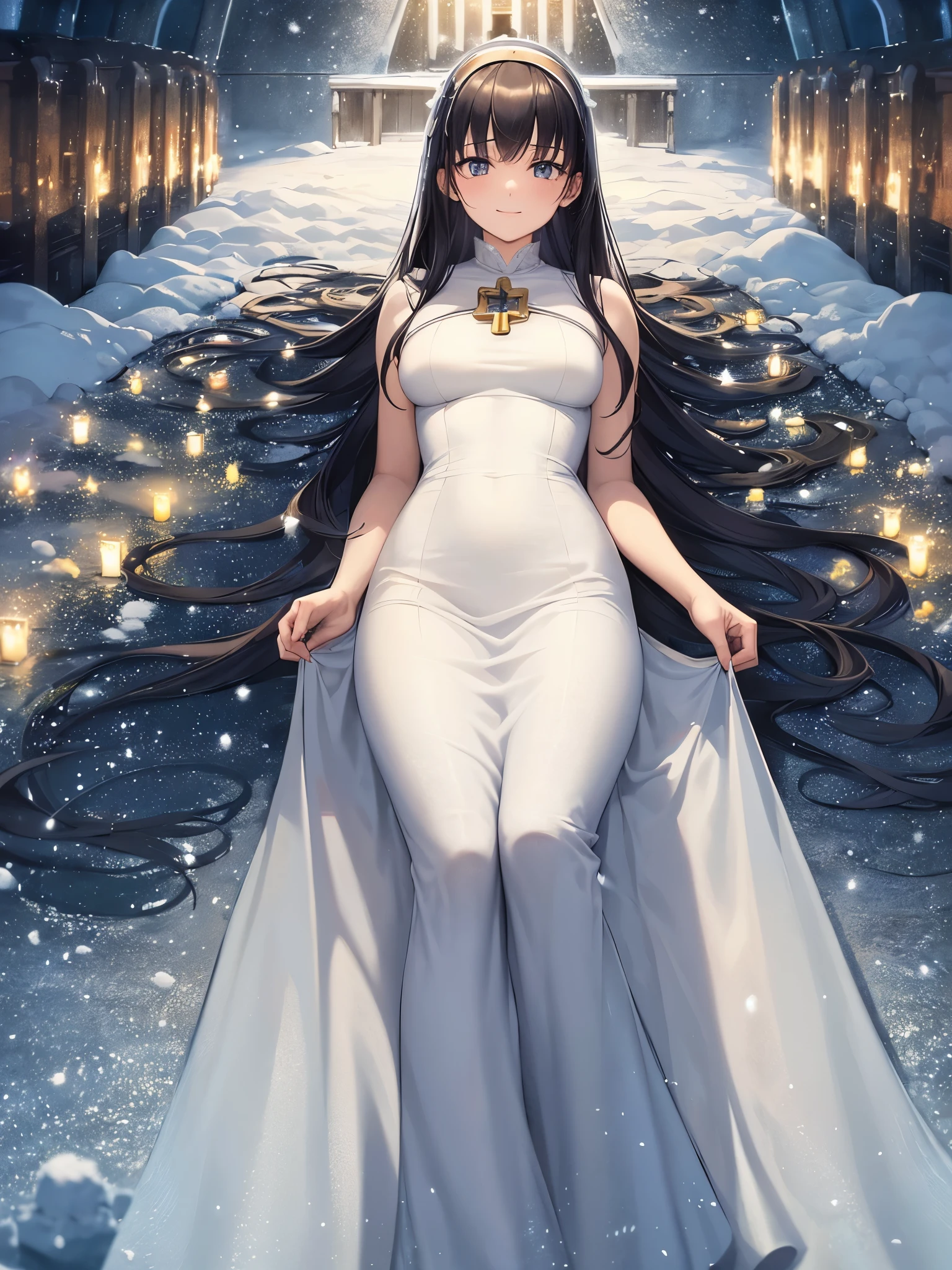 ((top quality)),(Super high resolution),(super detailed),(detailed description),((best anime)),(best work of art),super precision art,amazing art of depiction,Overwhelming descriptive power:1.5, (1 woman:1.5),Stargazing at the stars,gentle smile:1.3, (night scene:1.6),snow scene:1.3,(church covered in snow:1.5),starry sky,shining light:1.5,