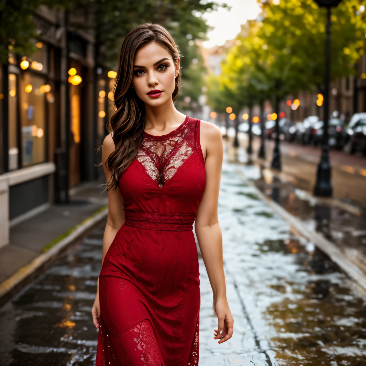 (best quality,8k, ((wearing lace maxi dress)),standing,red light district,highly detailed face and skin texture,detailed eyes,double eyelids),portrait,sunny atmosphere,soft focus,warm color tones,subtle backlighting,dewdrops on lashes,urban landscape,reflection on wet pavement,moody aesthetic. Body main focus,  