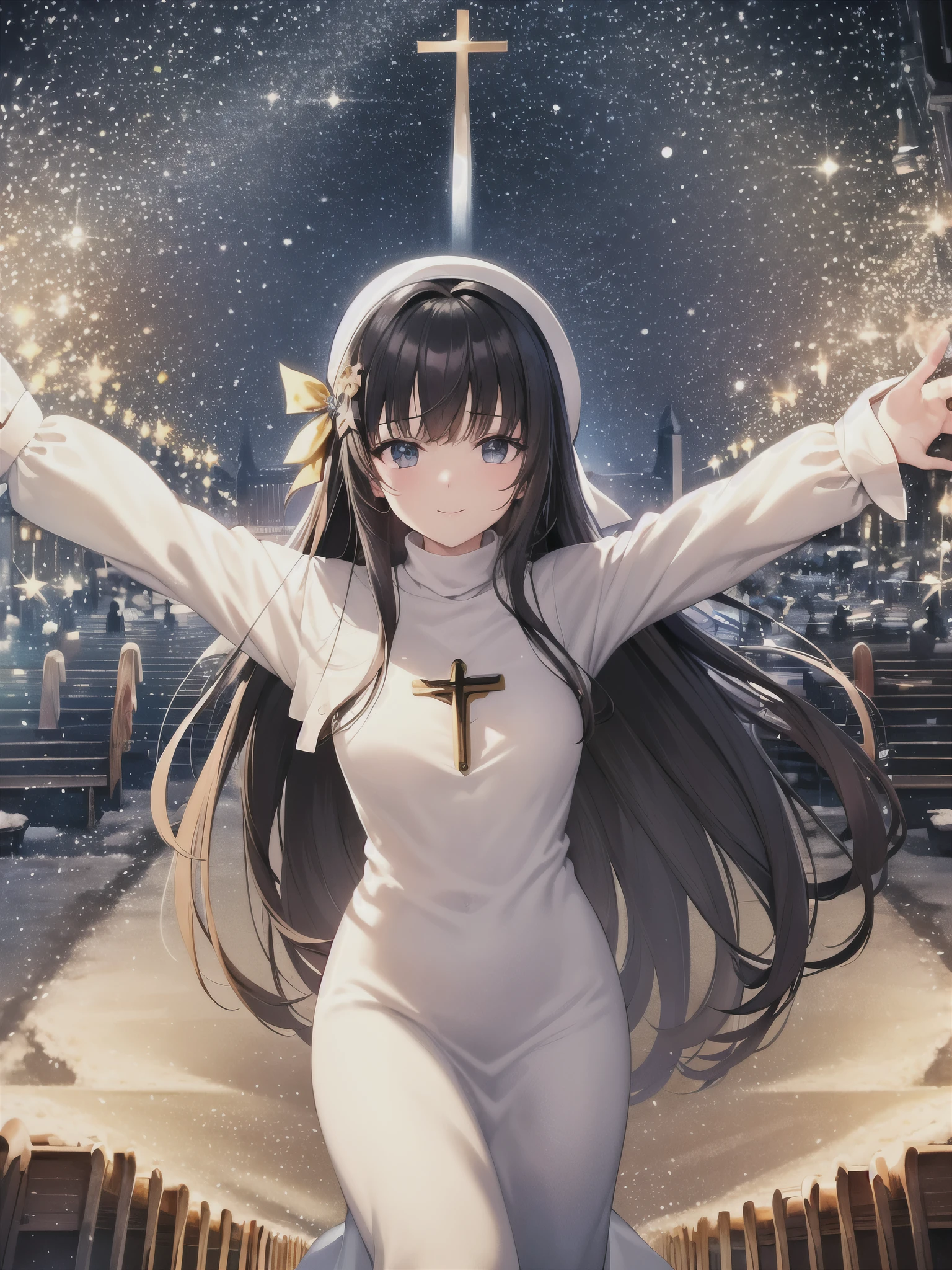 ((top quality)),(Super high resolution),(super detailed),(detailed description),((best anime)),(best work of art),super precision art,amazing art of depiction,Overwhelming descriptive power:1.5, (1 woman:1.5),Stargazing at the stars,gentle smile:1.3, (night scene:1.6),snow scene:1.3,(church covered in snow:1.5),starry sky,shining light:1.5,