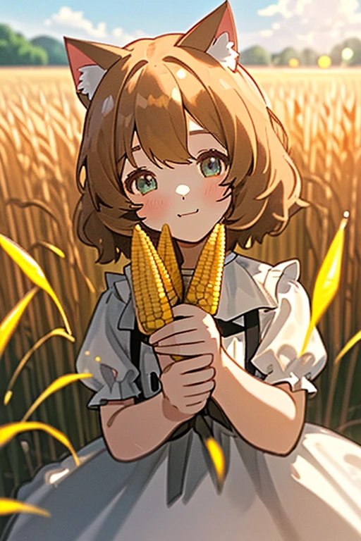illustration/ 1️⃣👧➕cat ear/ 😊/ 🌤️/ 🏞️/ Corn field/ ⛰️/ upper body/ Pure white dress/ Face in focus/ looking at viewer/ Bokeh/ Blurred Backgrounds/ depth of field/ Aerial perspective/