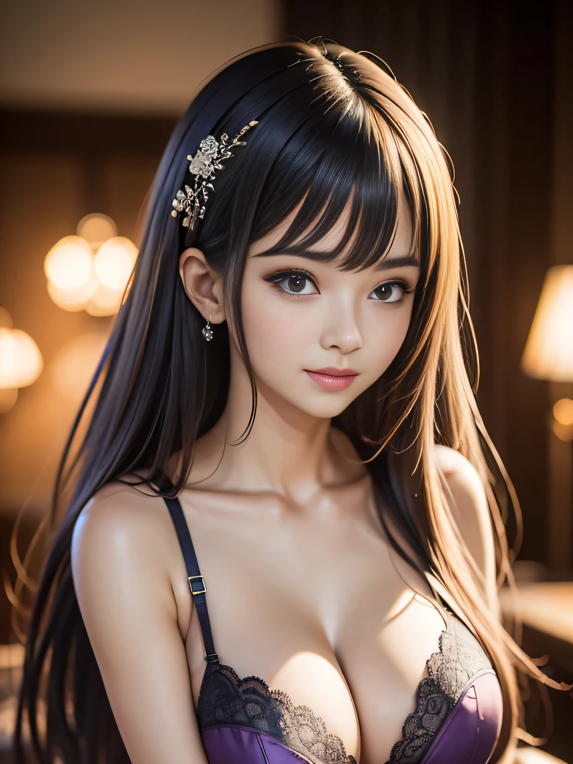 semi-nude、Wearing a metallic purple garter belt、ultra high resolution、super high quality、8k、Detailed details、great expression、1 female、Tall and slender woman、big breasts、super smile、long curly silver hair、luxurious hair ornament、upper body view、Luxury hotel party venue background、