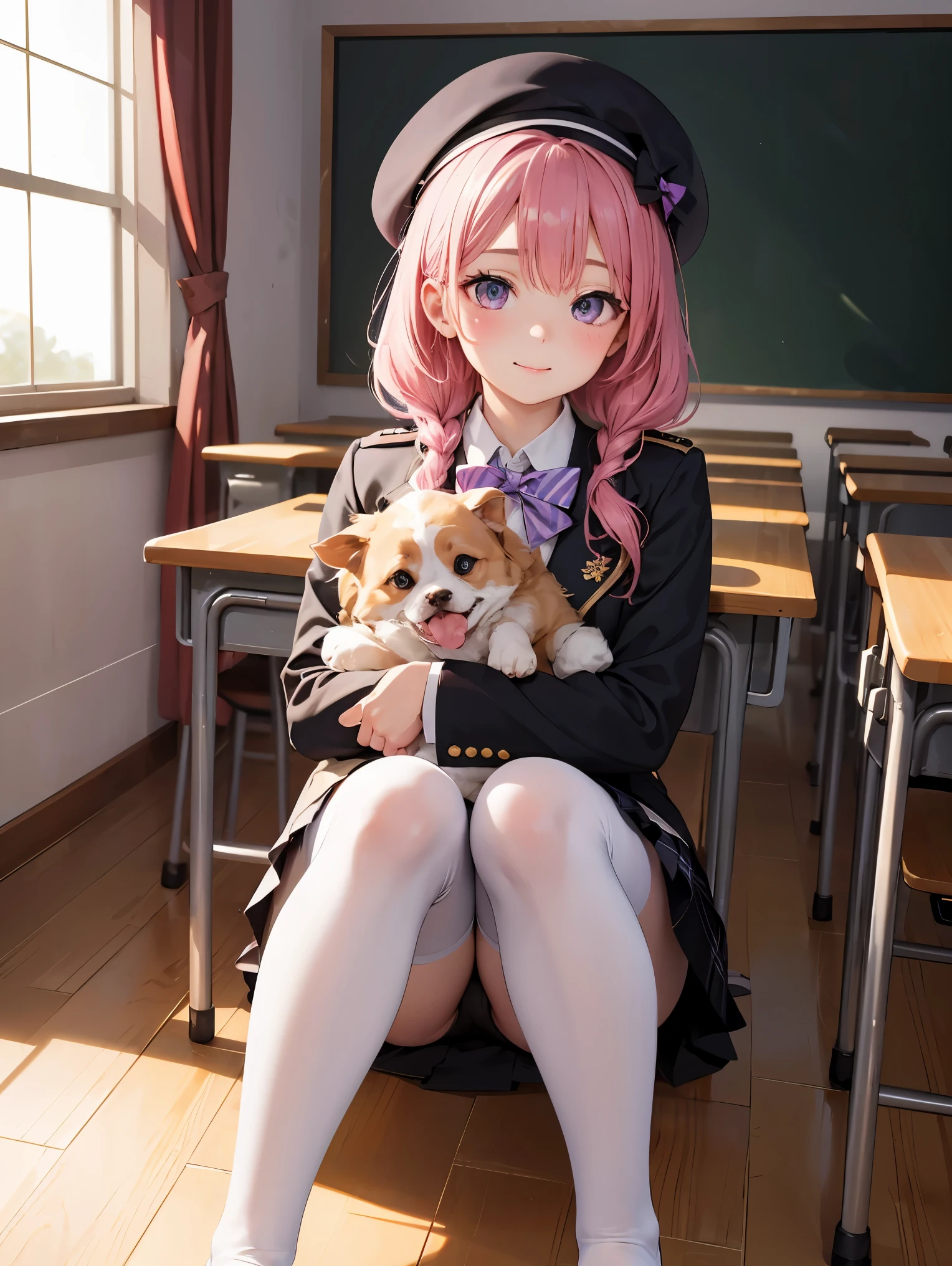 細部に至るまinの傑作、highest quality、realistic、1 girl、solo、18-year-old、Looks about 、140cm beautiful girl、、5 year old baby face、Silky hair、Gradient bob braids falling in the front、pink and purple mesh、big vertical eyes、Outstanding looks、cute 、proximity、closed_mouth、laughter、blush、恥ずかしさinいっぱい、beret、pink bow tie、Branded uniforms、 青いblazer、blazer、pleated skirt、gray skirt、silk blouse、white blouse、feet、black tights、sit on top、classroom、hair_ornament、looking for_in_viewer、beiniful detailed eyes、realistic目、tights on、Not clear、professional effects、Not clear、enhanced elegance、Really ridiculous cuteness、cute