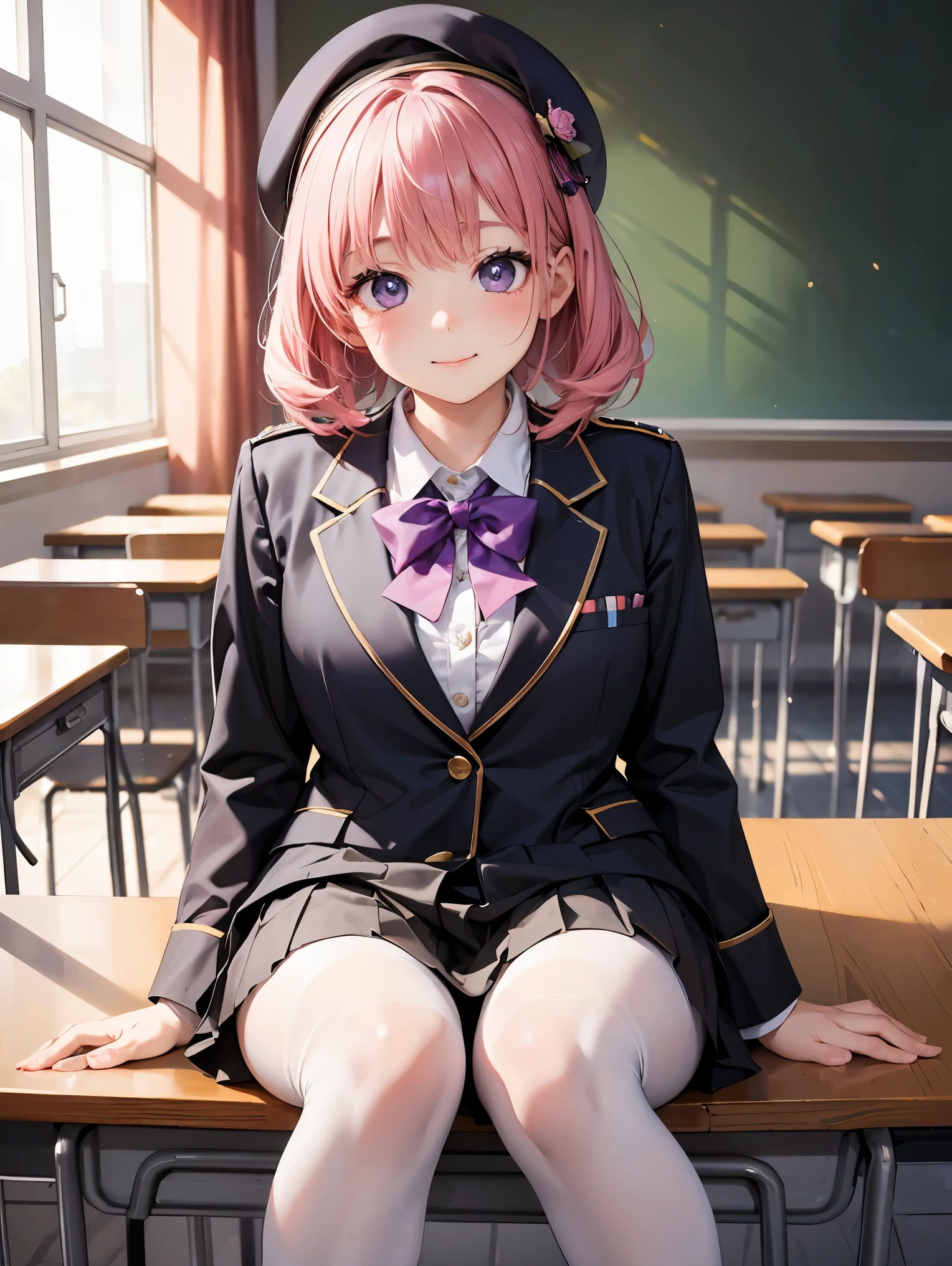 細部に至るまinの傑作、highest quality、realistic、1 girl、solo、18-year-old、Looks about 5 years old、140cm beautiful girl、、5 year old baby face、Silky hair、Gradient bob in the forward、pink and purple mesh、big vertical eyes、Outstanding looks、cute 、proximity、closed_mouth、laughter、blush、恥ずかしさinいっぱい、beret、pink bow tie、Branded uniforms、 青いblazer、blazer、pleated skirt、gray skirt、silk blouse、white blouse、feet、black tights、sit on top、classroom、hair_ornament、looking for_in_viewer、beiniful detailed eyes、realistic目、tights on、Not clear、professional effects、Not clear、enhanced elegance、Really ridiculous cuteness、cute