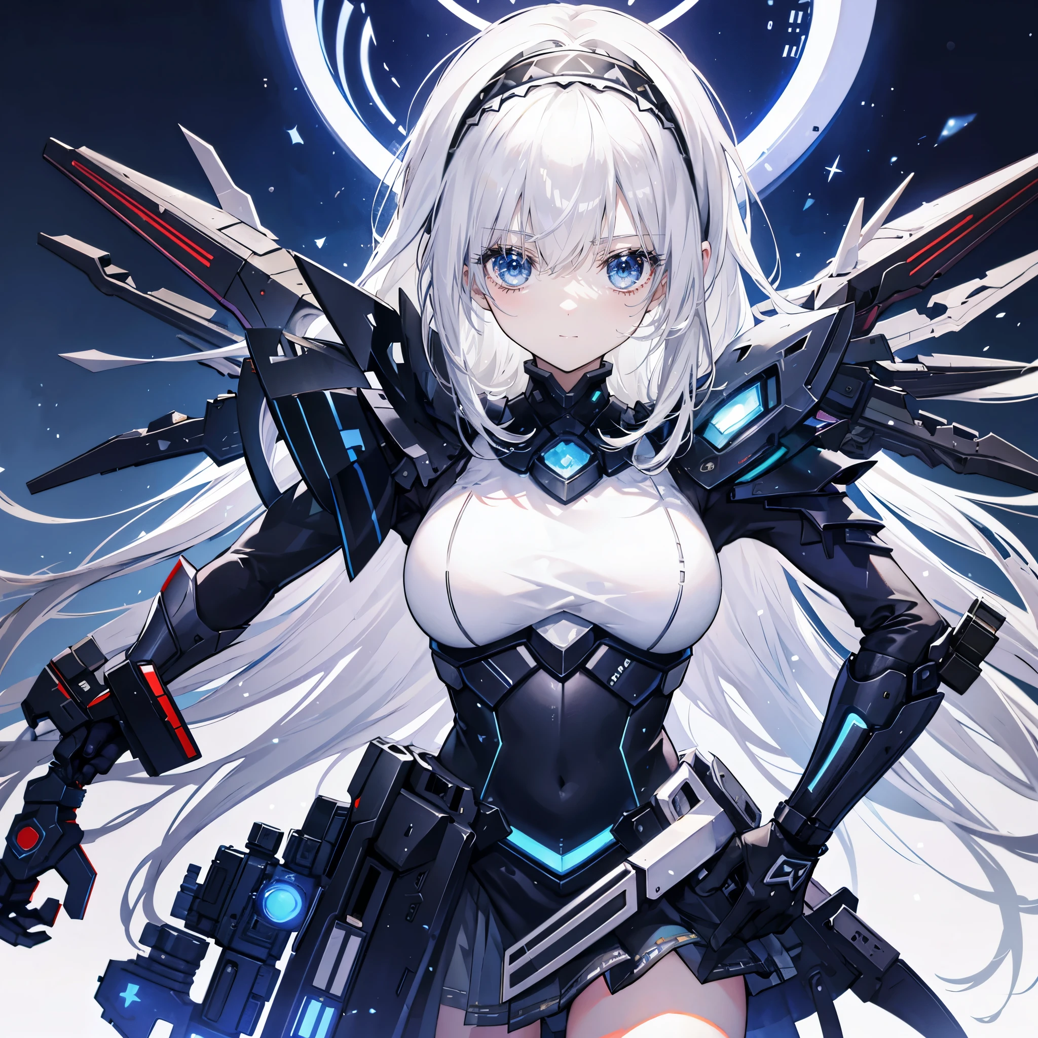 white hair，gray eyes，long hair，Bangs，green hairband，cute，High-tech armor，There is a skirt ，Technology elements，Knife in hand，wearing a mask，The background is blue sky