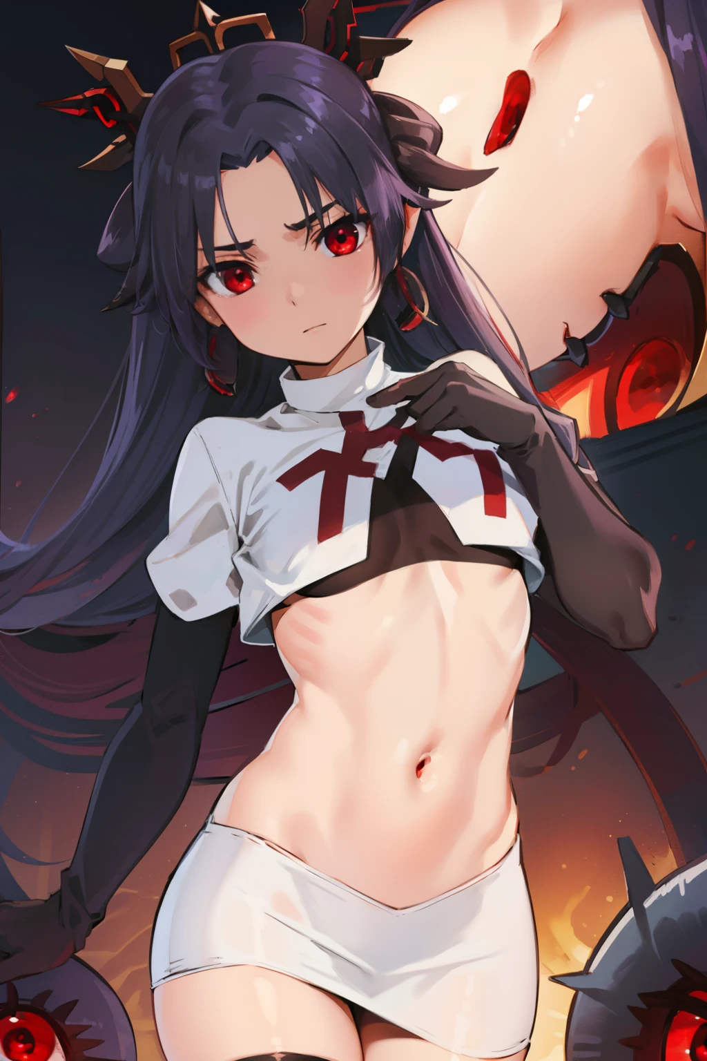 anime - style image of a woman dressed in a costume with horns and a sword,Military commander,restrained,pussy juice,torn clothes,skindantation,Black Hair,show off no panties,topless,skindantation