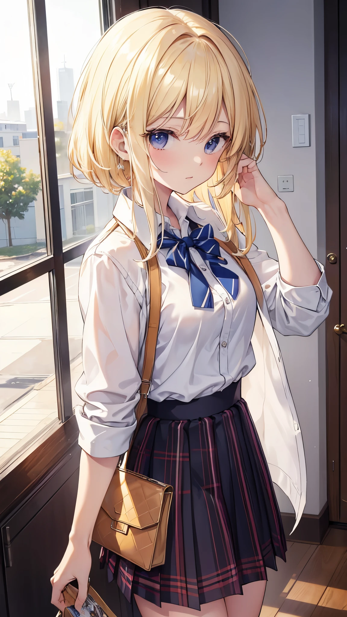 masterpiece, highest quality, High resolution, Sa1, blonde hair, school uniform, white shirt, skirt, plaid skirt, open shirt, good,