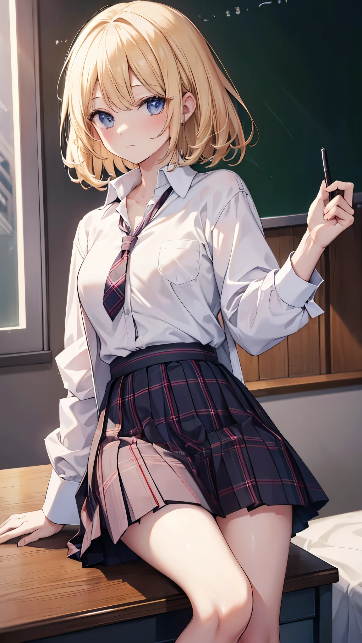 masterpiece, highest quality, High resolution, Sa1, blonde hair, school uniform, white shirt, skirt, plaid skirt, open shirt, good,