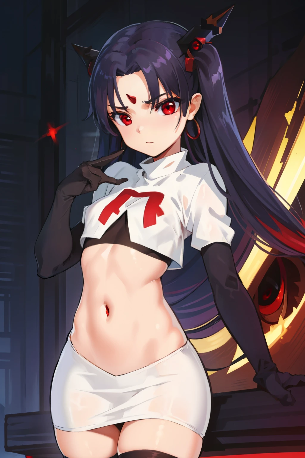 ishtar, ishtar yd, ahoge, black bow, bow, black hair, earrings, hair bow, hair ornament, jewelry, long hair, (red eyes:1.5), (parted bangs:1.5), (small breast:1.2),
BREAK team rocket,team rocket uniform,white skirt,red letter R,crop top,black thigh-highs,black elbow gloves
BREAK looking at viewer, cowboy shot,
BREAK (masterpiece:1.2), best quality, high resolution, unity 8k wallpaper, (illustration:0.8), (beautiful detailed eyes:1.6), extremely detailed face, perfect lighting, extremely detailed CG, (perfect hands, perfect anatomy),