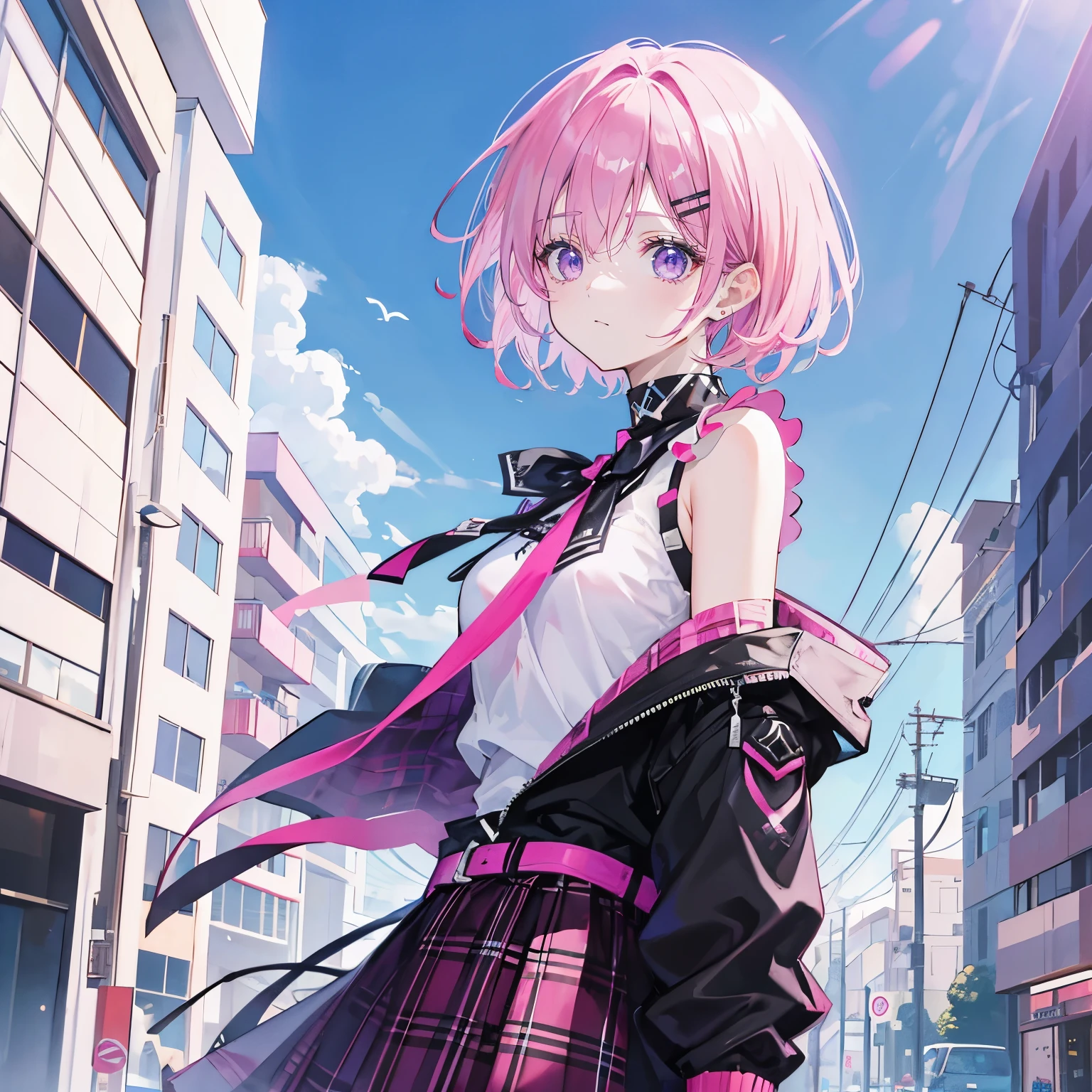 pink hair,purple eyes,short hair,sister head,earring ,Black hairpin, black mask,JK plaid skirt,The background is blue sky and white clouds